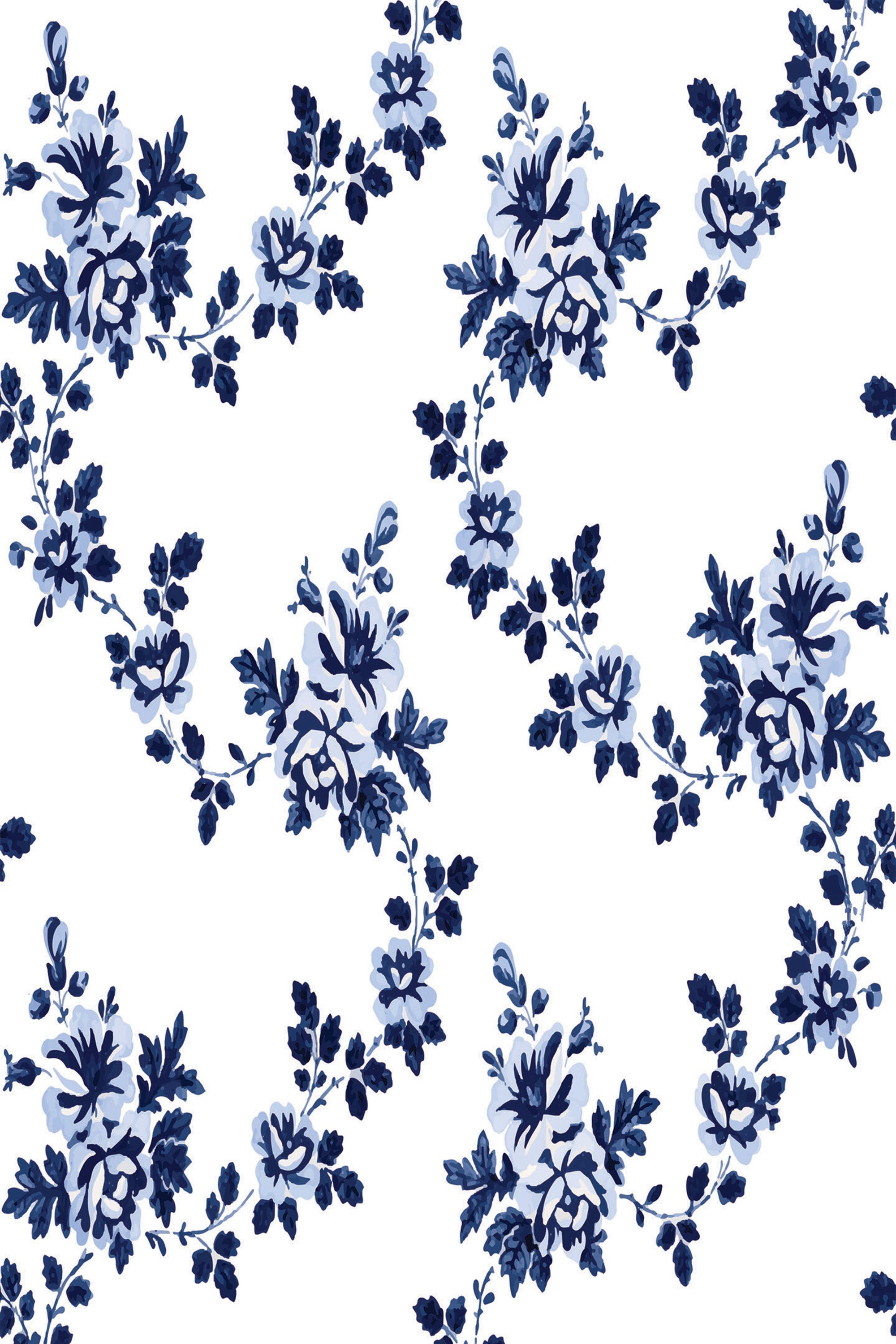 Blue floral patterns on a white background in a farmhouse style, peel and stick removable wallpaper.