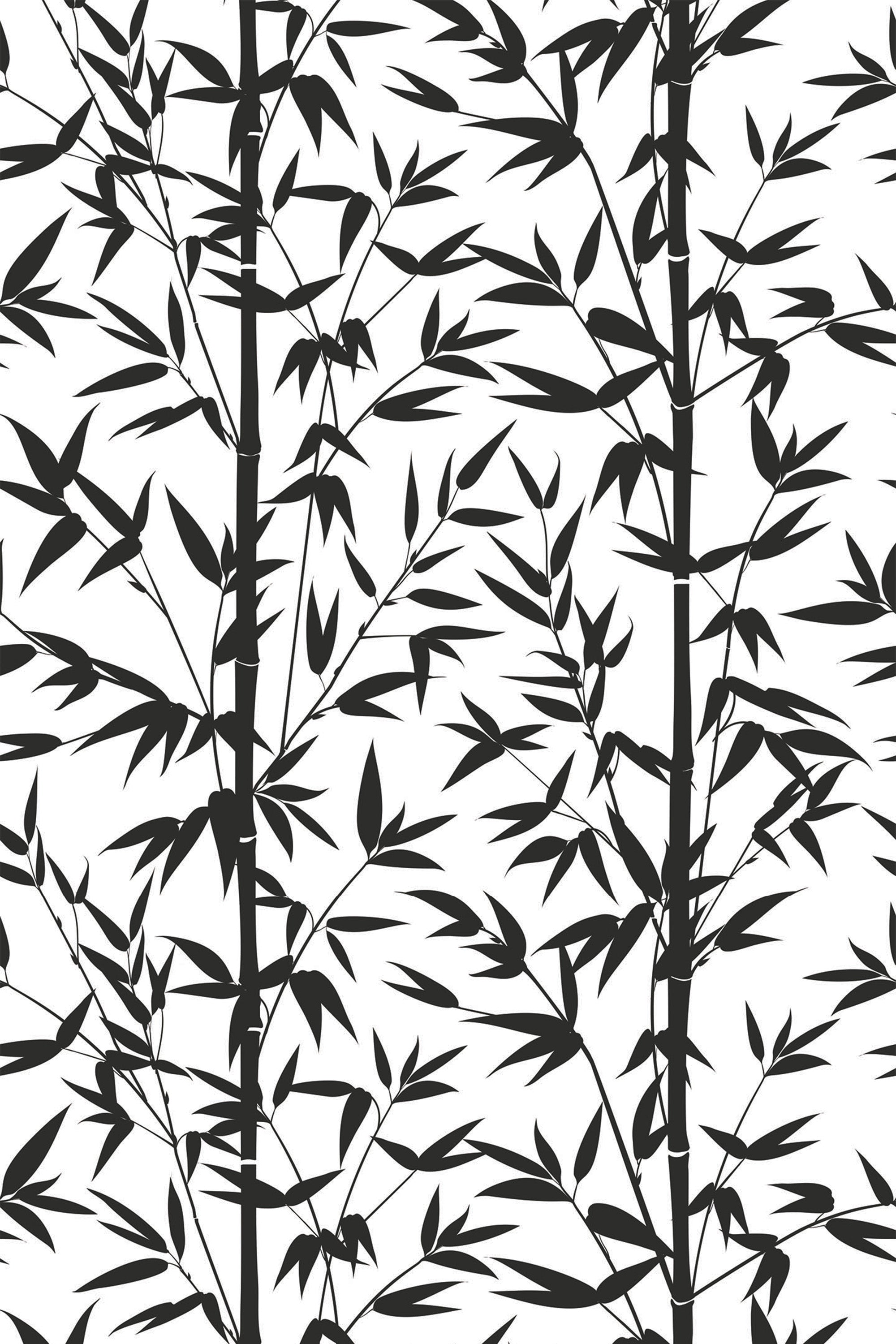 Black bamboo tree pattern on white background, peel and stick removable wallpaper.