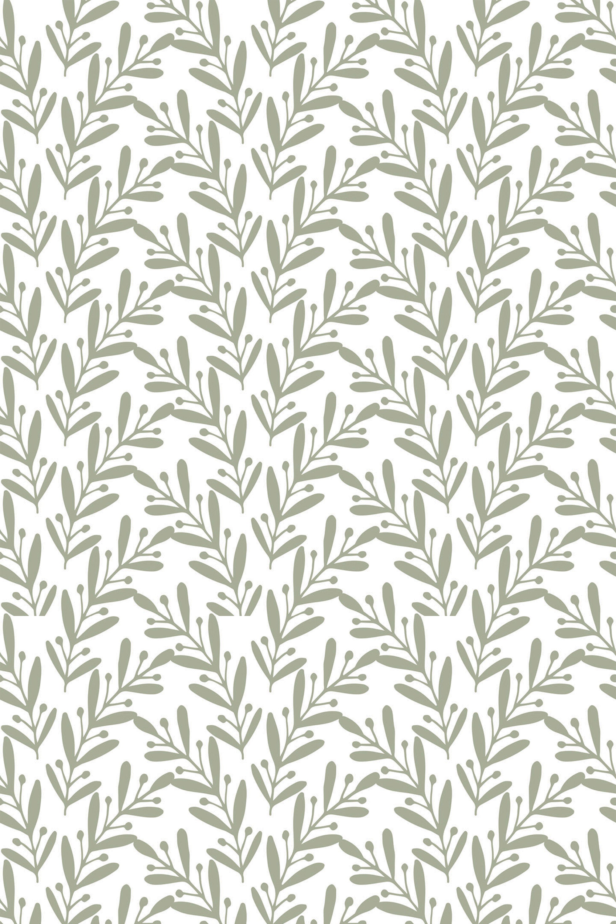 A pattern of green simple leaves in a vertical repeat on a white background, peel and stick removable wallpaper.