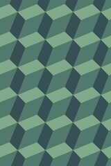 Geometric patterned wallpaper with alternating dark and light green triangles arranged in a repeating diagonal design, described as Bold luxury, peel and stick removable wallpaper.