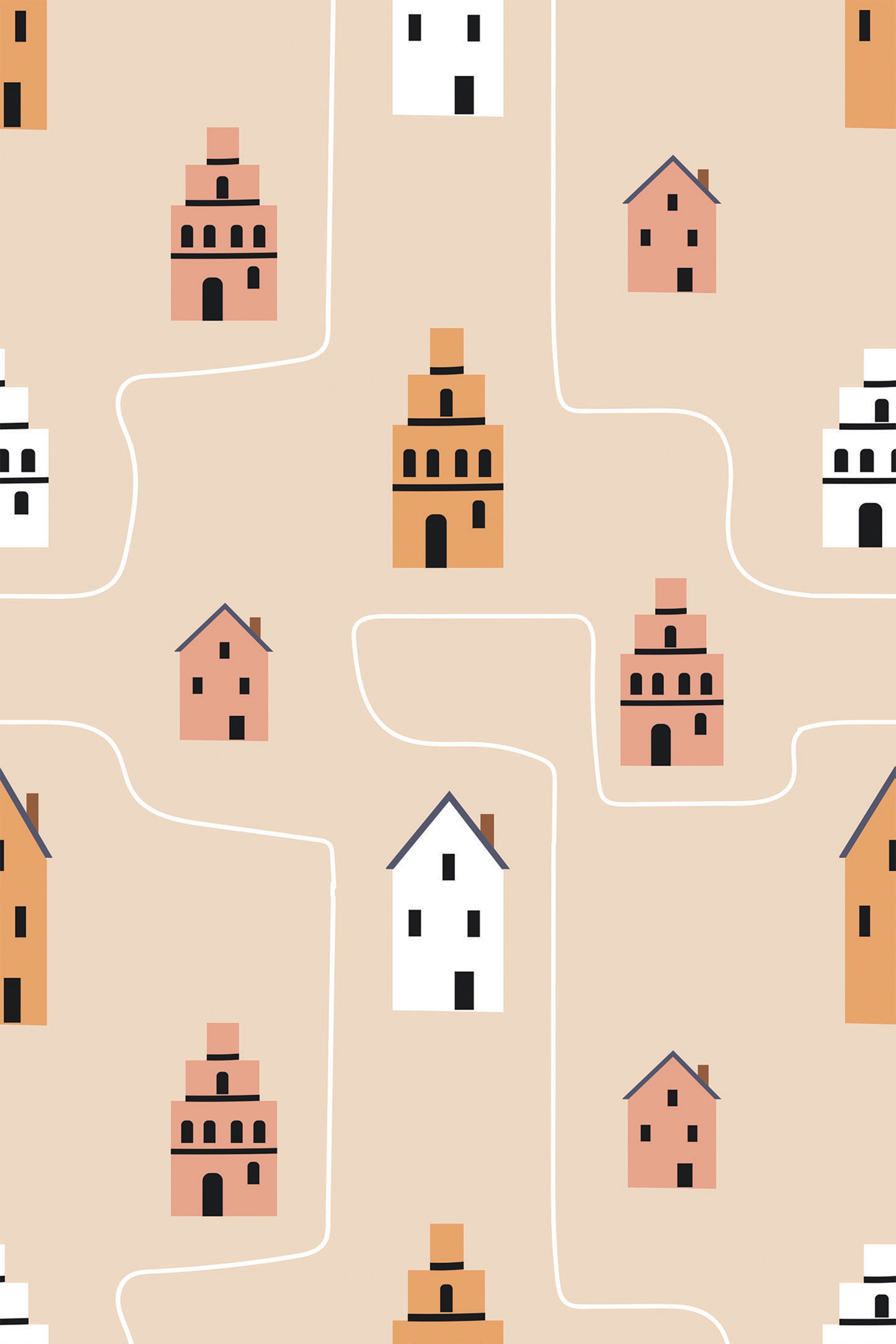 Child-friendly wallpaper with a repeating pattern of simple, cartoon-style houses in soft hues on a beige background, suitable for nursery decor, known as 'Minimal Kids' peel and stick removable wallpaper.