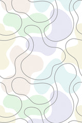 Abstract wavy lines in soft pastel tones of green, blue, and beige on a white background, creating a fluid shapes pattern for a peel and stick removable wallpaper.