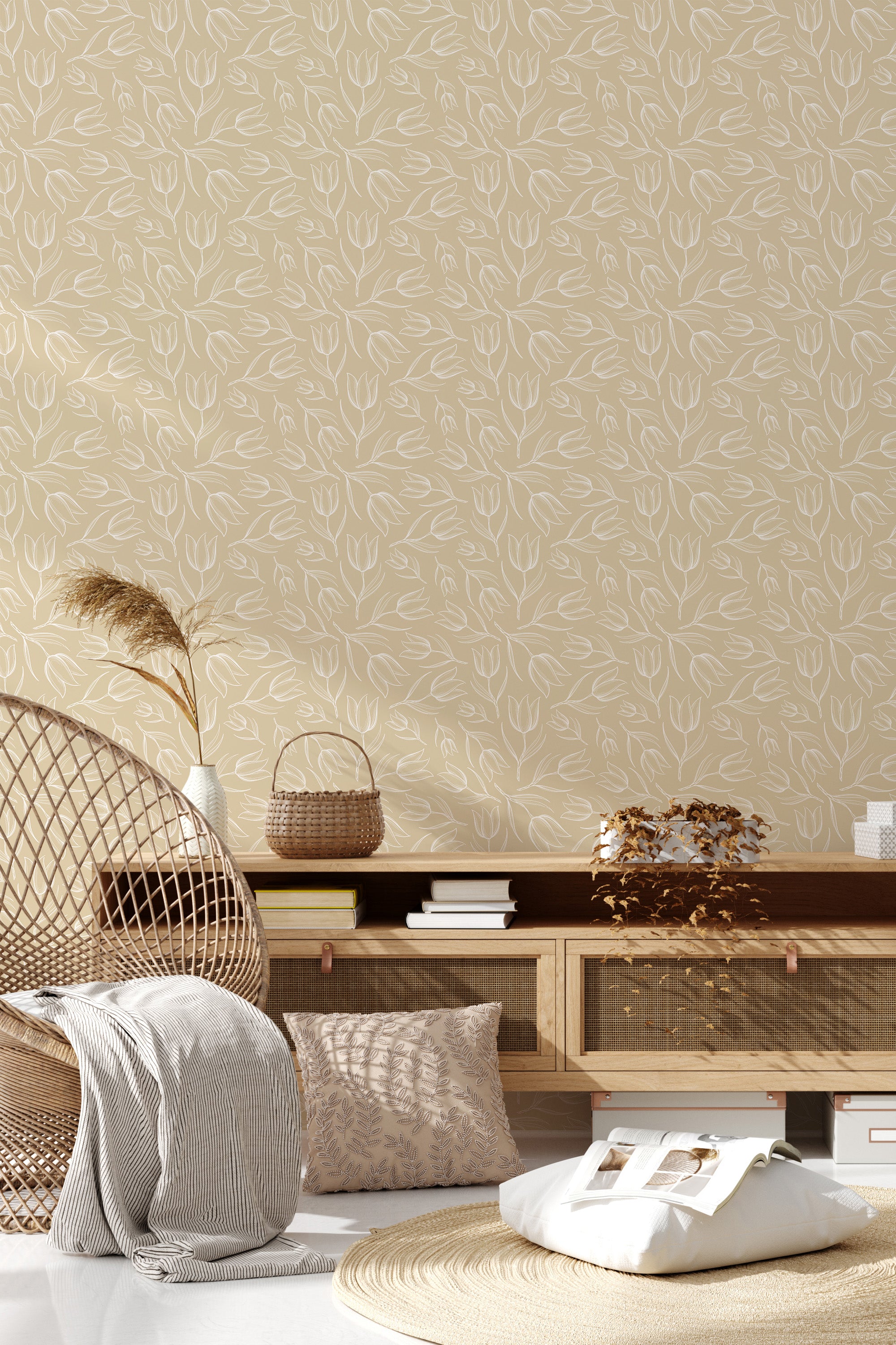 A warm-hued room with pale yellow tulip-patterned wallpaper, providing a soft, elegant backdrop for traditional decor. Traditional wallpaper.
