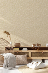 A warm-hued room with pale yellow tulip-patterned wallpaper, providing a soft, elegant backdrop for traditional decor. Traditional wallpaper.