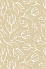 White, hand-drawn tulip illustrations on a warm beige background with a repeating pattern, peel and stick removable wallpaper.