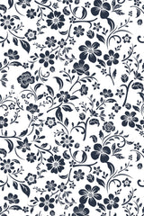 Black and white floral design with intricate, swirling leaves and branches on a retro farmhouse style peel and stick removable wallpaper.