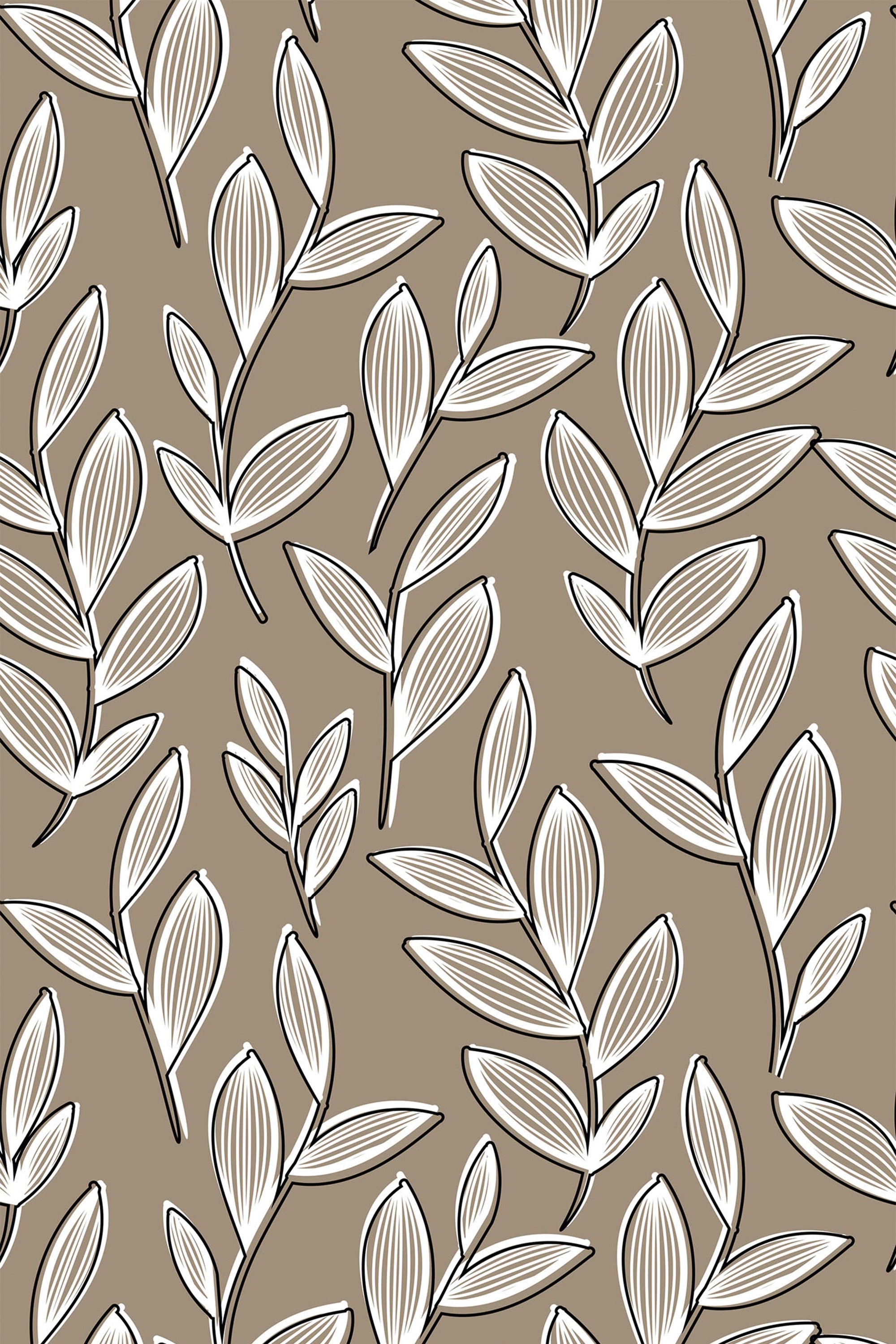 A neutral leaf pattern in shades of beige and white, with simple, sketched leaves scattered across the design. The leaves have fine line details, creating a minimalist and modern feel. The background is a solid, muted taupe color, giving the pattern an understated, elegant appearance. Peel and stick removable wallpaper.