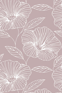 White line art flowers with delicate petals and leaves on a muted taupe background, peel and stick removable wallpaper.