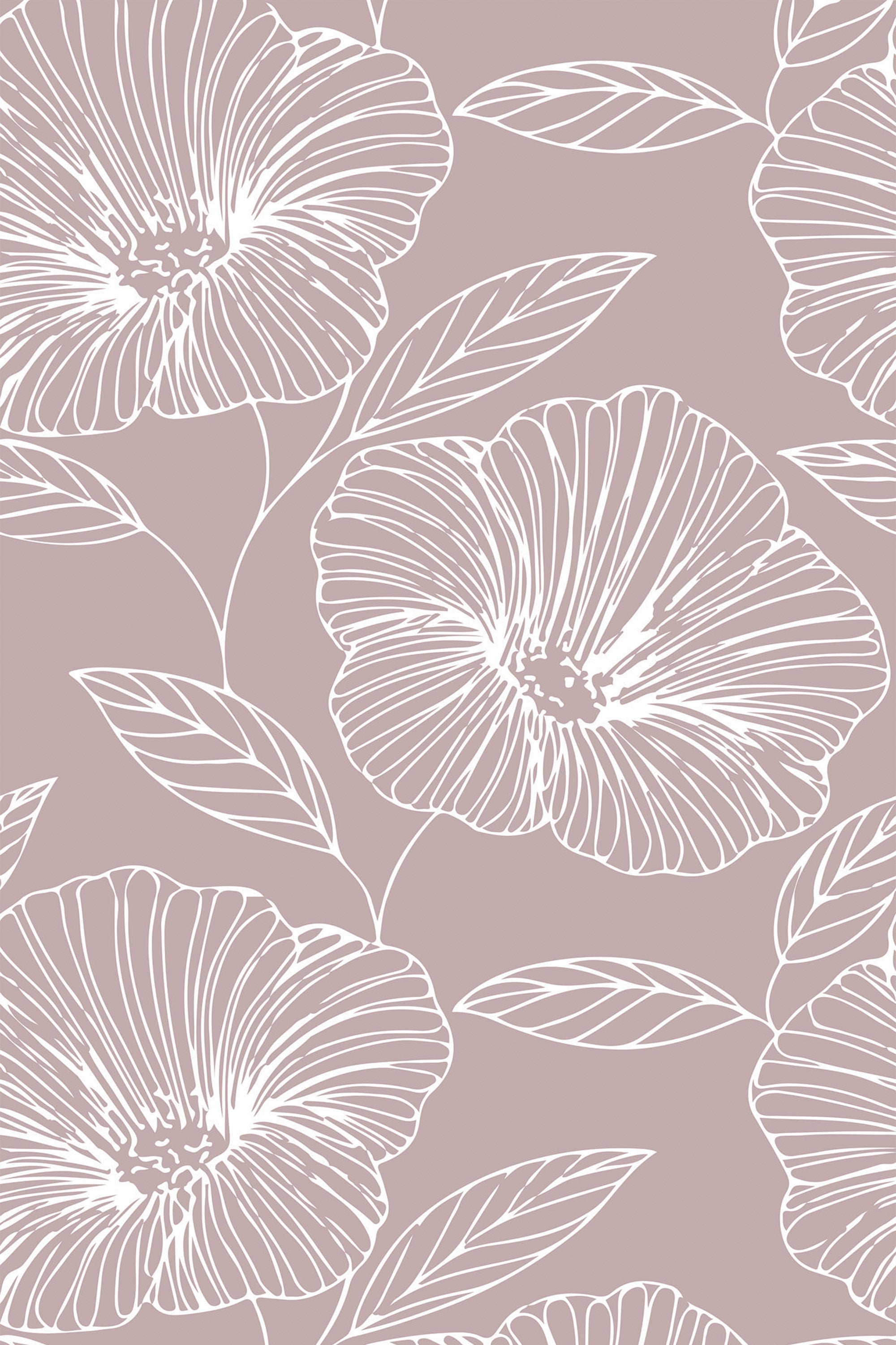 White line art flowers with delicate petals and leaves on a muted taupe background, peel and stick removable wallpaper.