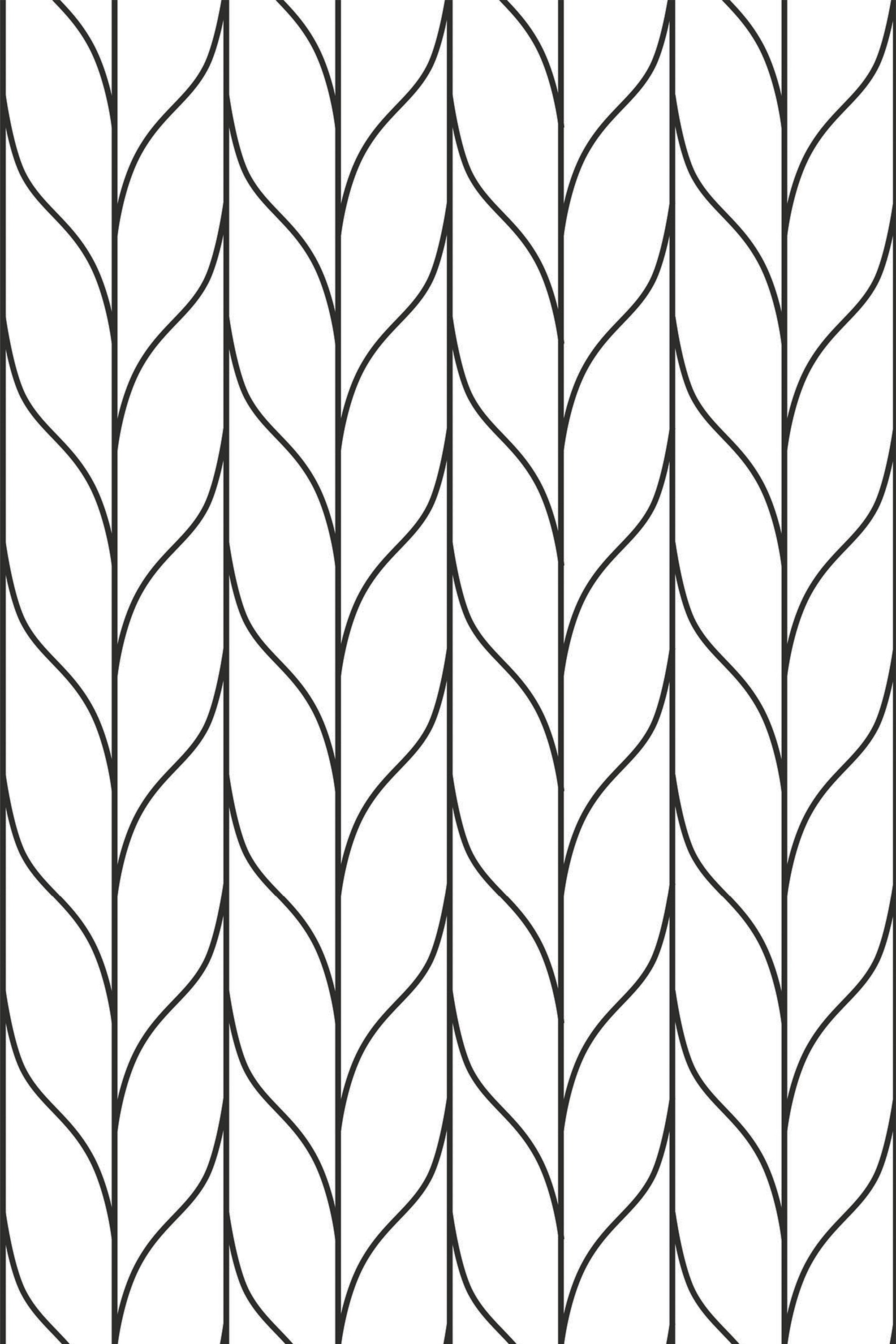 Black and white wallpaper with a repeating vertical knitted stripe pattern resembling interwoven loops, forming a wavy, leaf-like design. Peel and stick removable wallpaper.