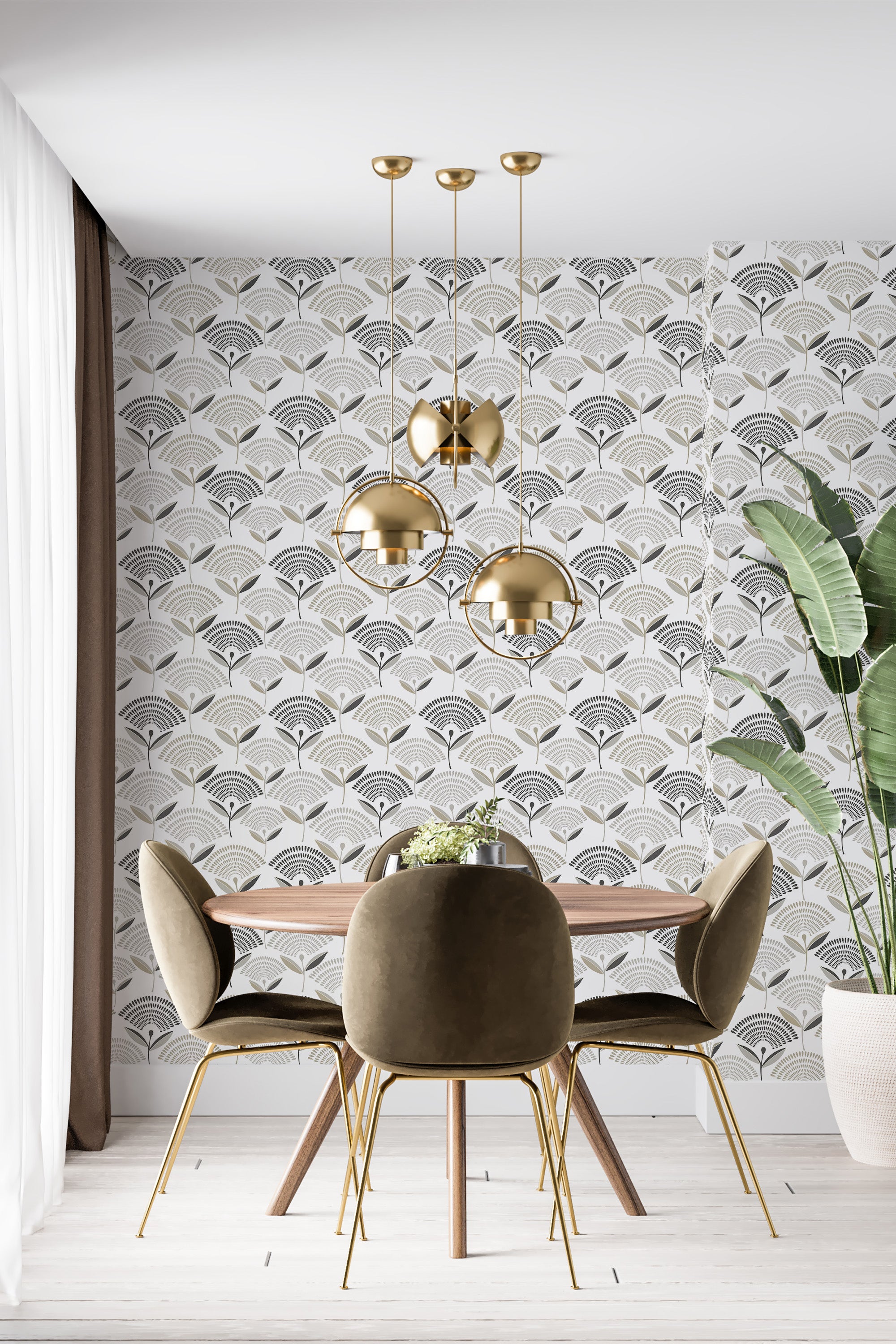 Wallpaper with a repeating pattern of abstract, fan-shaped flowers in muted tones of black, white, and beige on the wall, made of traditional wallpaper.