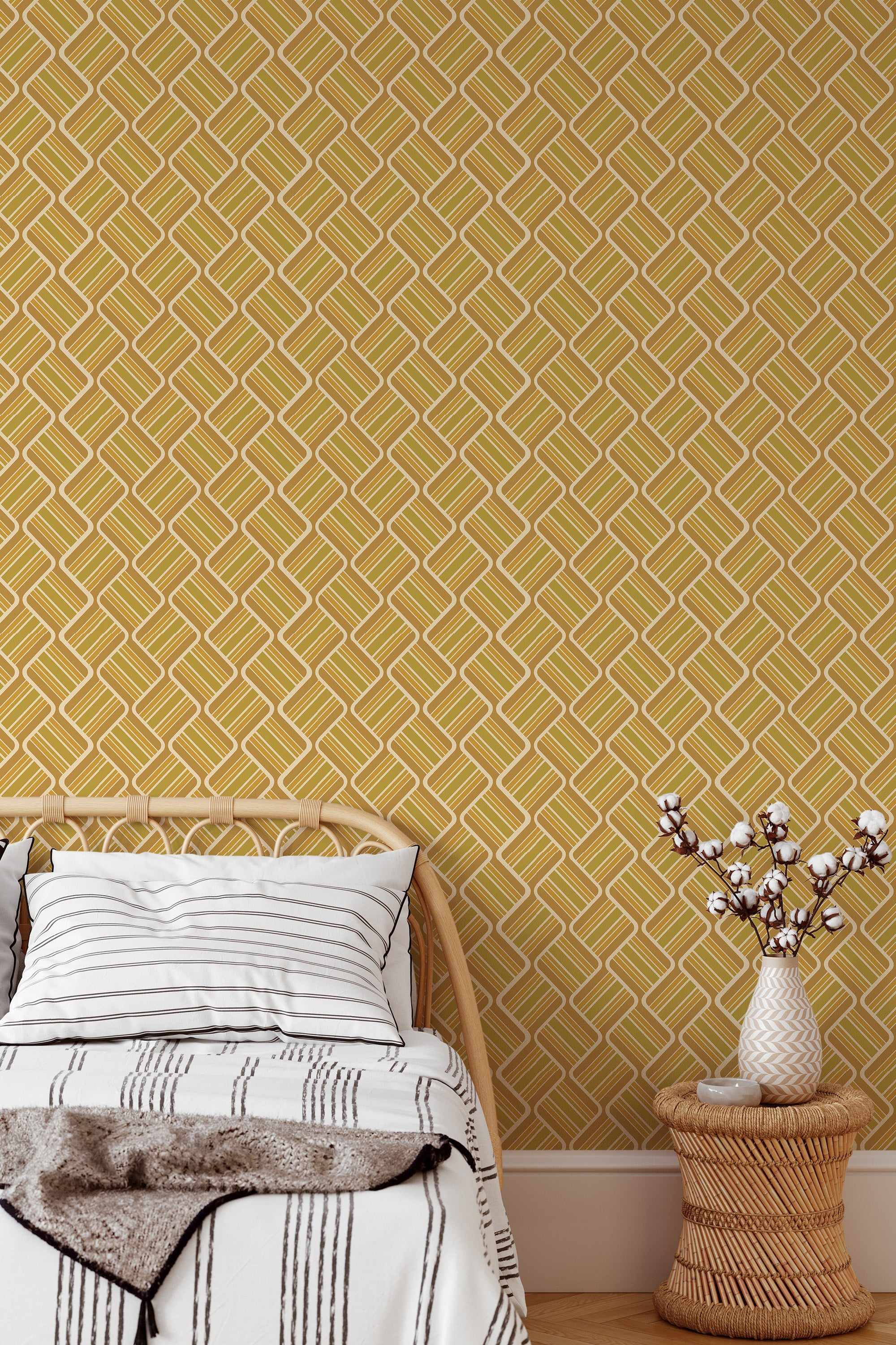 Self-adhesive wallpaper with a Yellow retro squares pattern in a geometric design with overlapping curved lines, creating a visually dynamic texture.