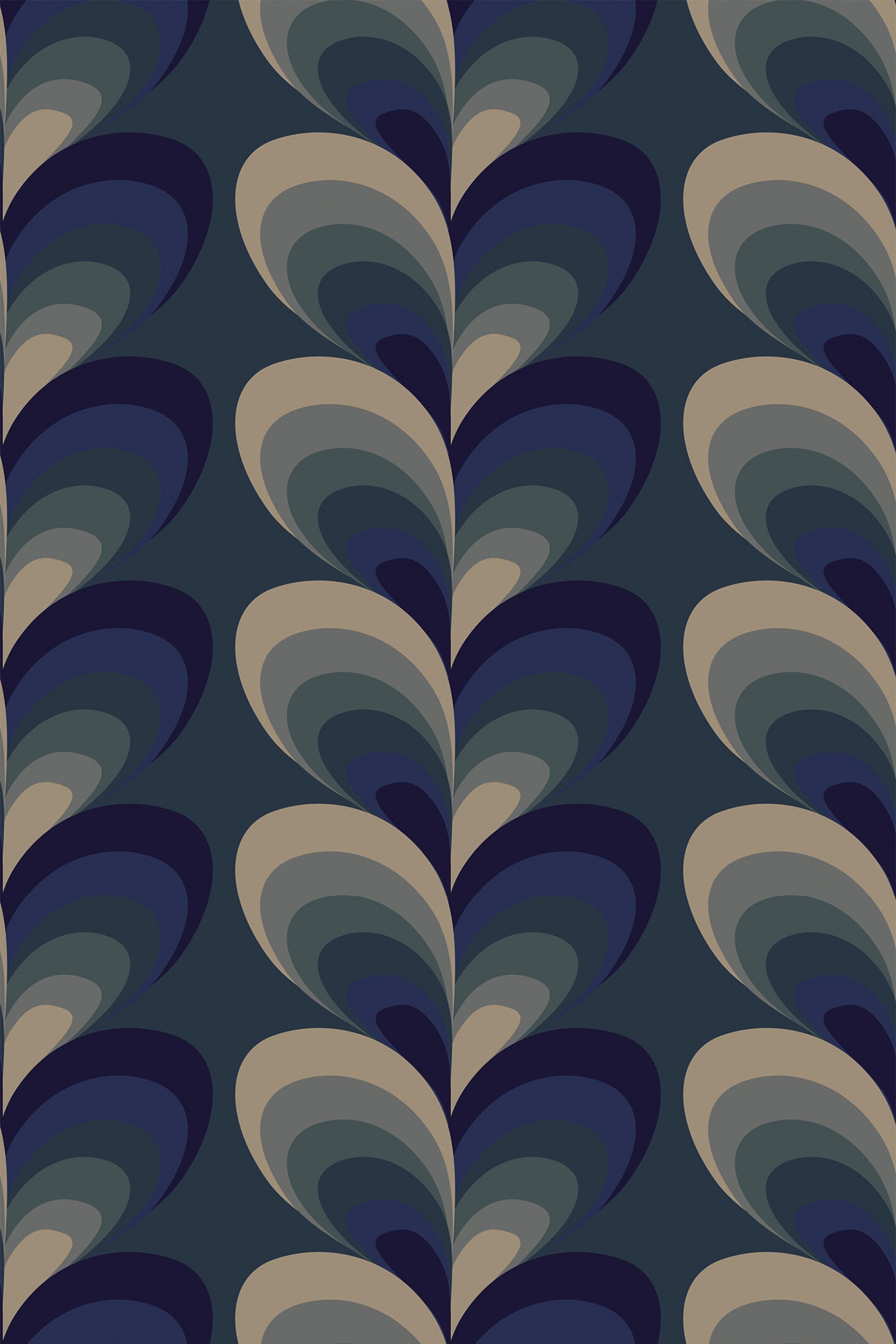 Bold striped wallpaper with a repeating pattern of curved and layered shapes in shades of dark blue, beige, and gray, creating a wave-like effect. Peel and stick removable wallpaper.