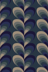 Bold striped wallpaper with a repeating pattern of curved and layered shapes in shades of dark blue, beige, and gray, creating a wave-like effect. Peel and stick removable wallpaper.