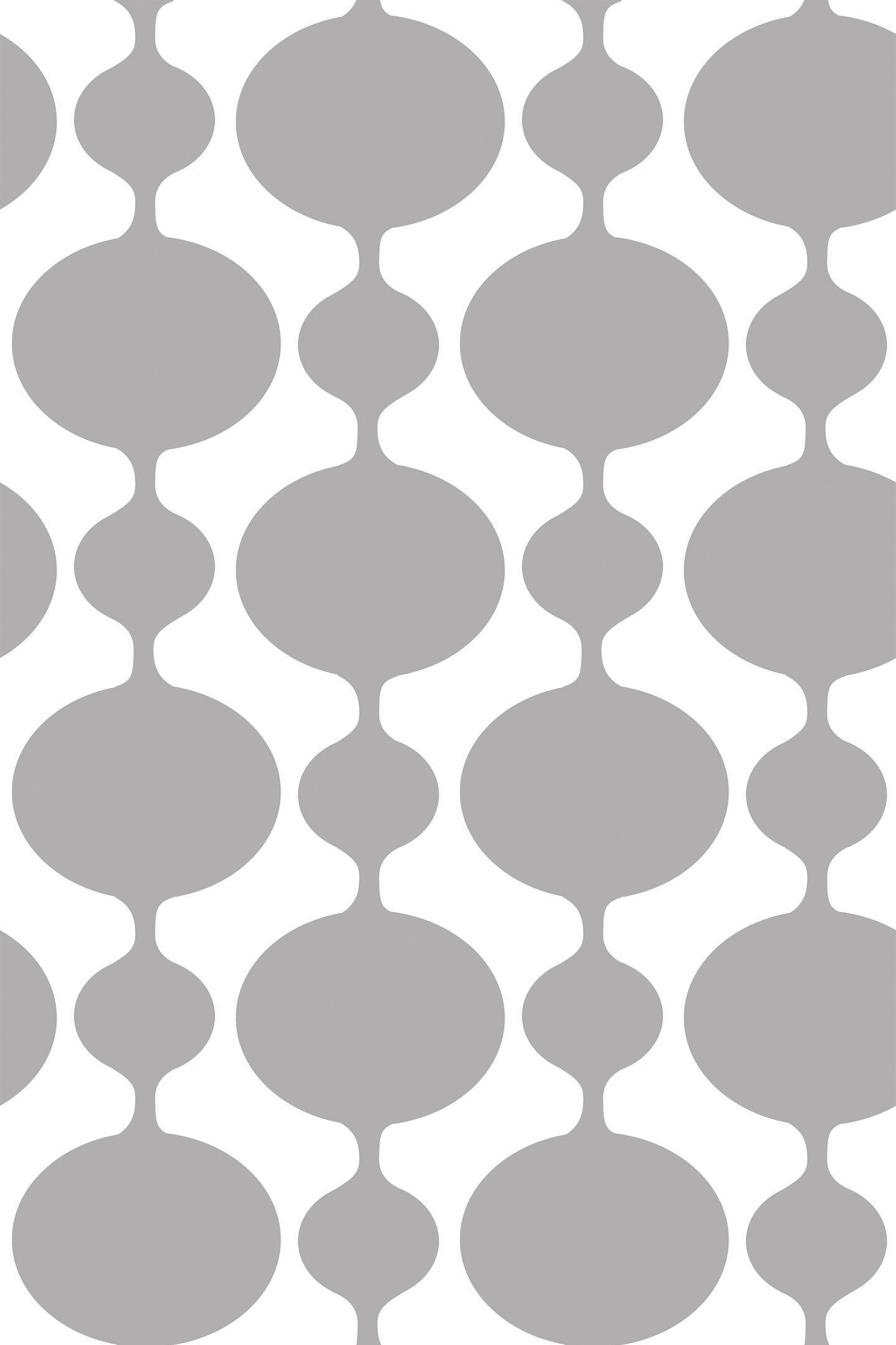 Grey retro-inspired geometric pattern with interconnected oval shapes on a white background, peel and stick removable wallpaper.