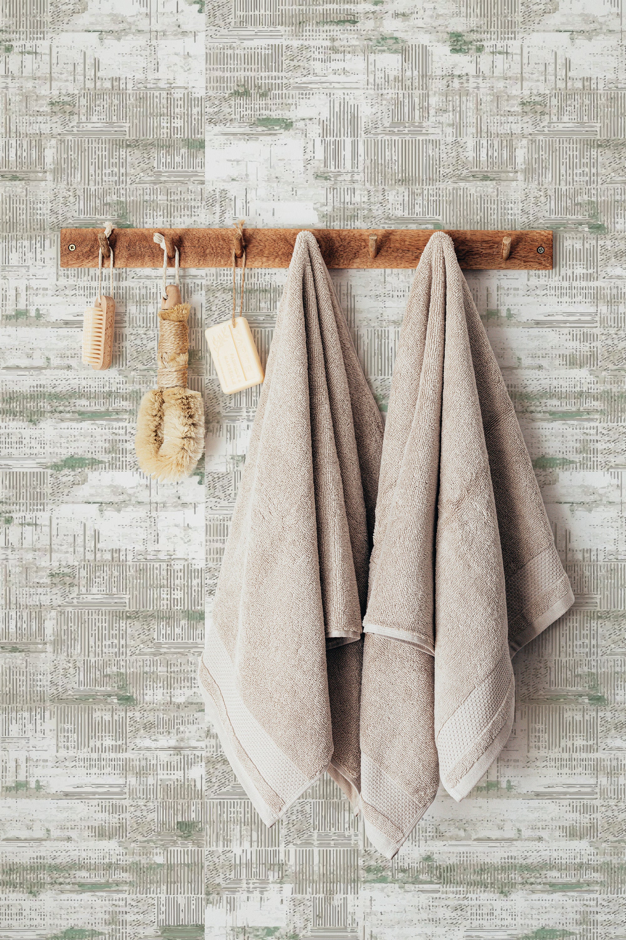 Self-adhesive retro texture wallpaper with a distressed, layered pattern combining muted greens, greys, and white, evoking a vintage, worn-in effect.