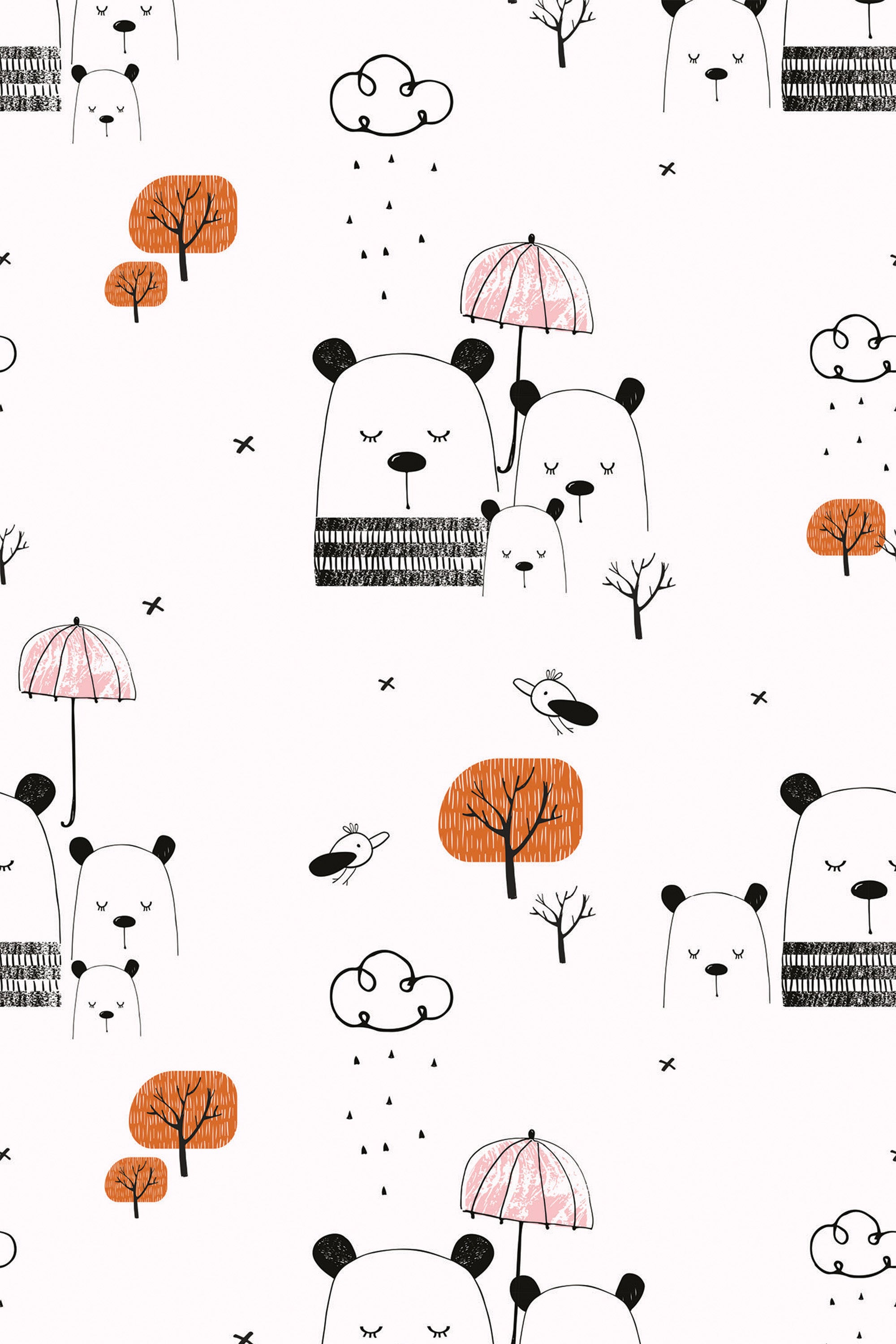 Illustrations of bears holding umbrellas in a whimsical, minimalist style, with orange trees, clouds, raindrops, and tiny insects scattered on a white background. Peel and stick removable wallpaper.