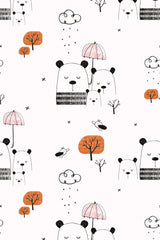 Illustrations of bears holding umbrellas in a whimsical, minimalist style, with orange trees, clouds, raindrops, and tiny insects scattered on a white background. Peel and stick removable wallpaper.