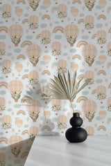 Self-adhesive wallpaper with a whimsical air balloon design, featuring pastel-colored hot air balloons, rainbows, and soft clouds against a white background.