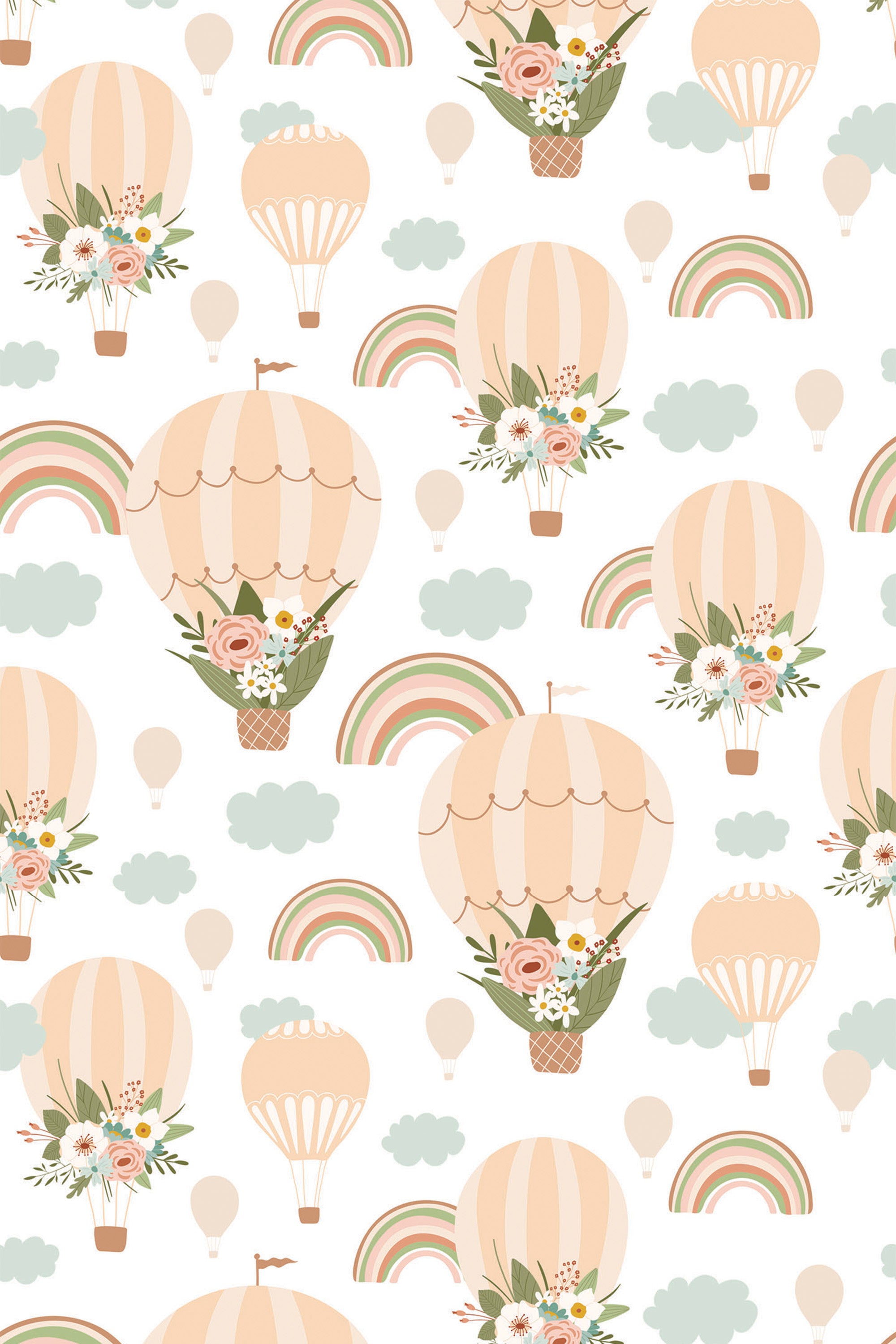 Whimsical hot air balloons adorned with floral bouquets and surrounded by soft clouds and pastel rainbow arches on a white background, peel and stick removable wallpaper.
