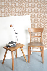 Self-adhesive wallpaper with a Retro damask pattern, beige-toned with intricate floral and scroll motifs.