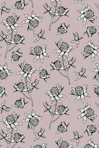 A repeated pattern of delicate floral illustrations with thin black lines on a soft beige background. The flowers appear abstract yet detailed, with a minimalistic design that provides a subtle, elegant aesthetic. Peel and stick removable wallpaper.
