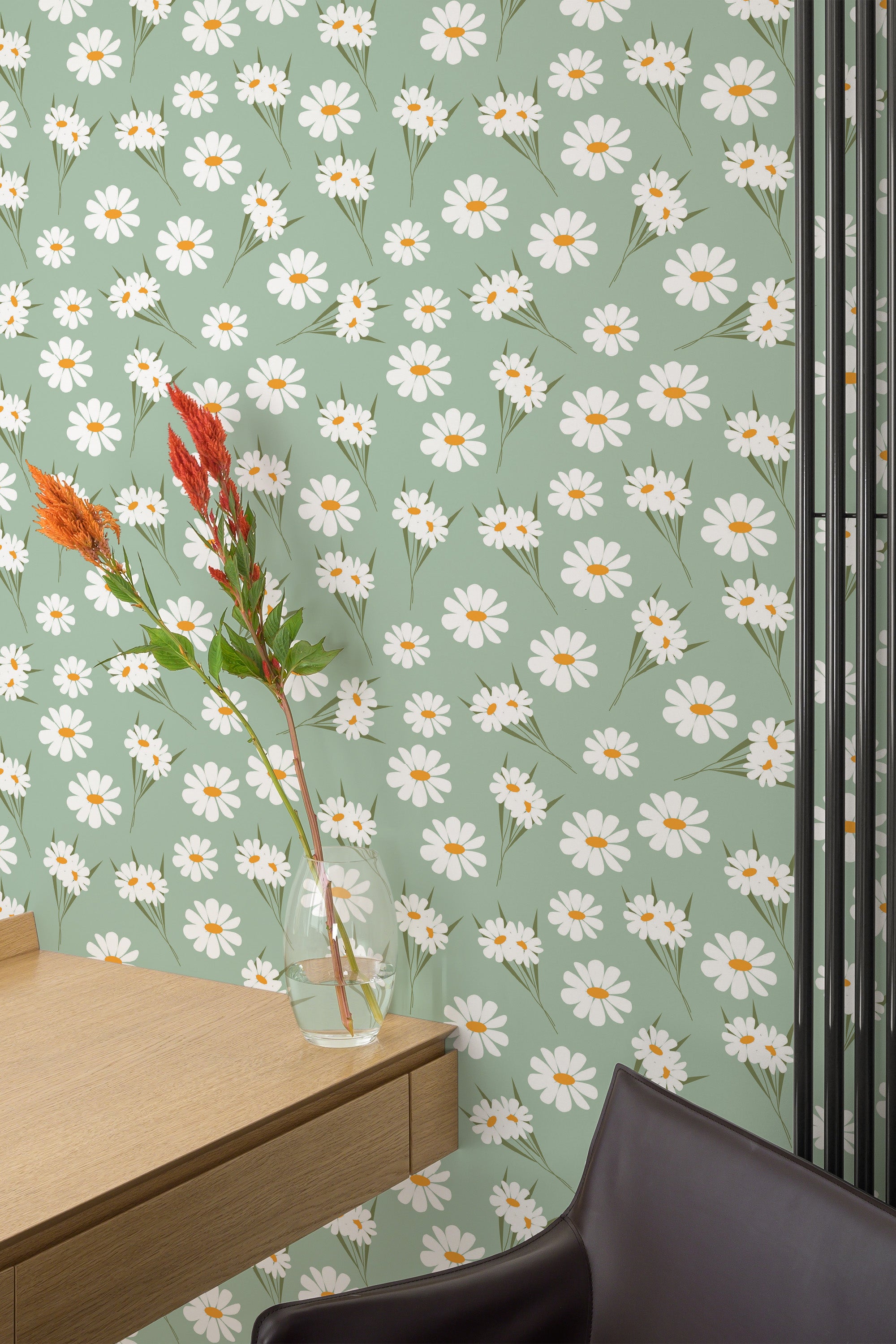 Self-adhesive wallpaper with a Daisy design pattern of white daisy flowers with yellow centers and long green stems on a light green background.