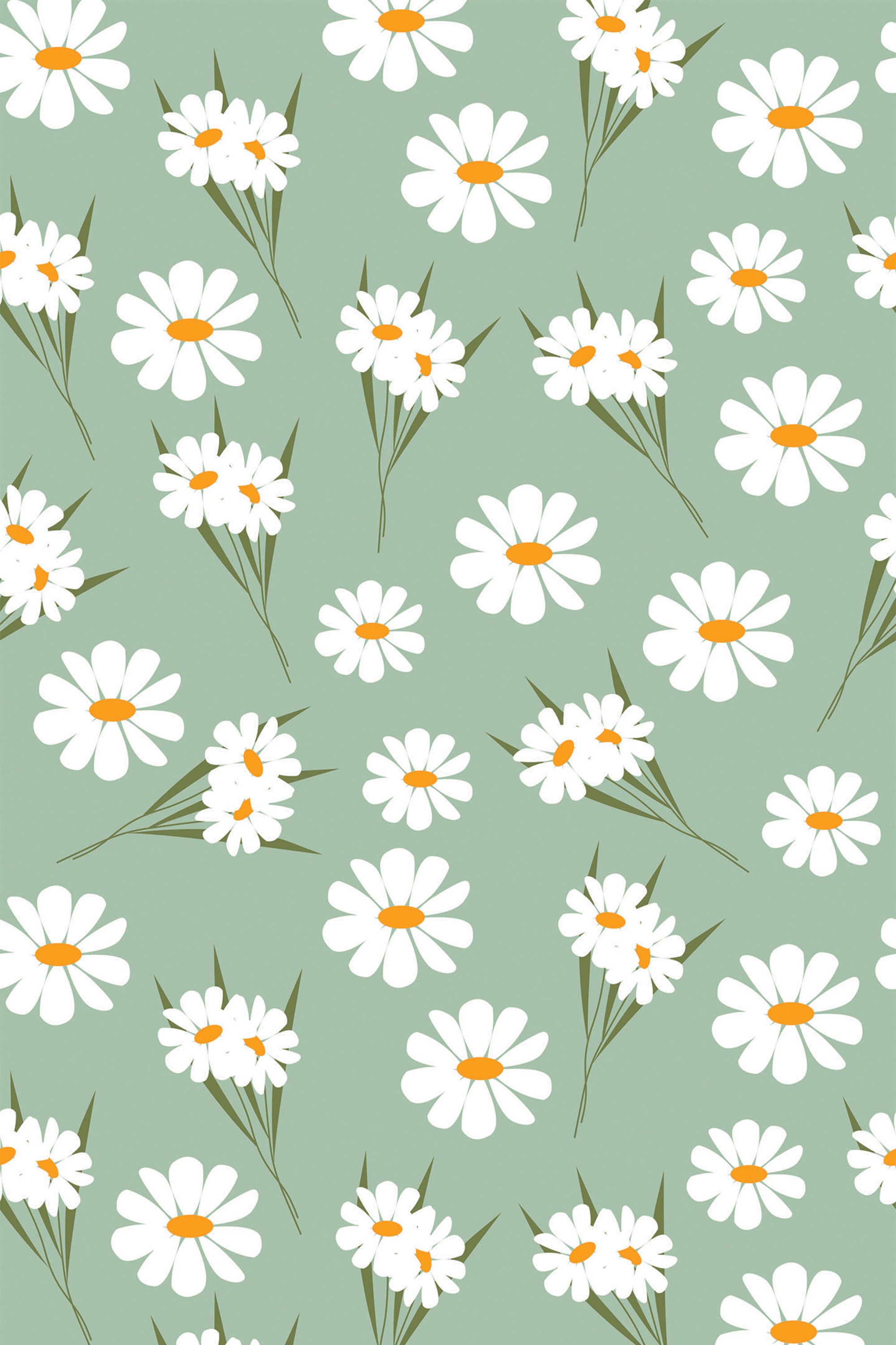 White daisies with yellow centers scattered across a soft green background, detailed with delicate green stems and leaves, creating a fresh and cheerful floral pattern on peel and stick removable wallpaper.