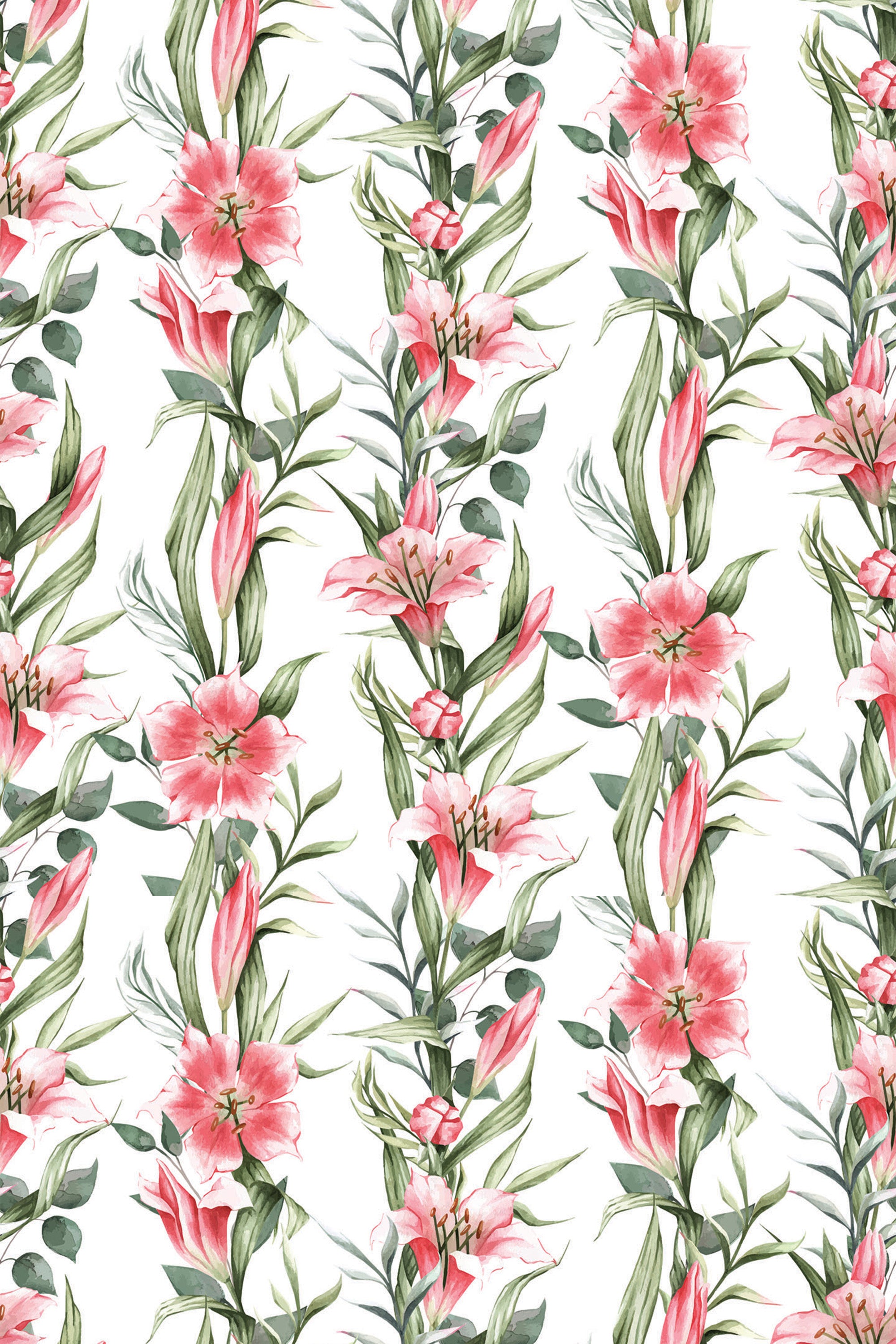 Pink lilies with delicate green leaves arranged vertically on a white background, creating a repeating floral pattern. Peel and stick removable wallpaper.