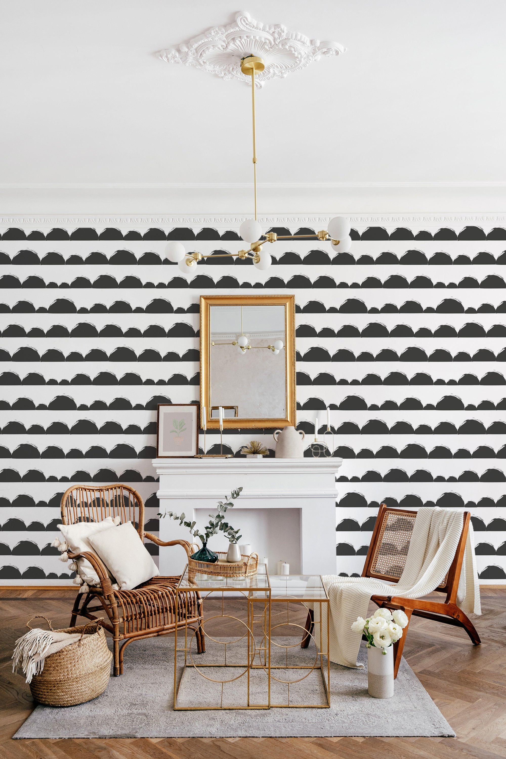 Black and white Bohemian half-circle patterned wallpaper with alternating half-circle designs arranged in horizontal stripes, adding a modern touch to the room's traditional wallpaper.