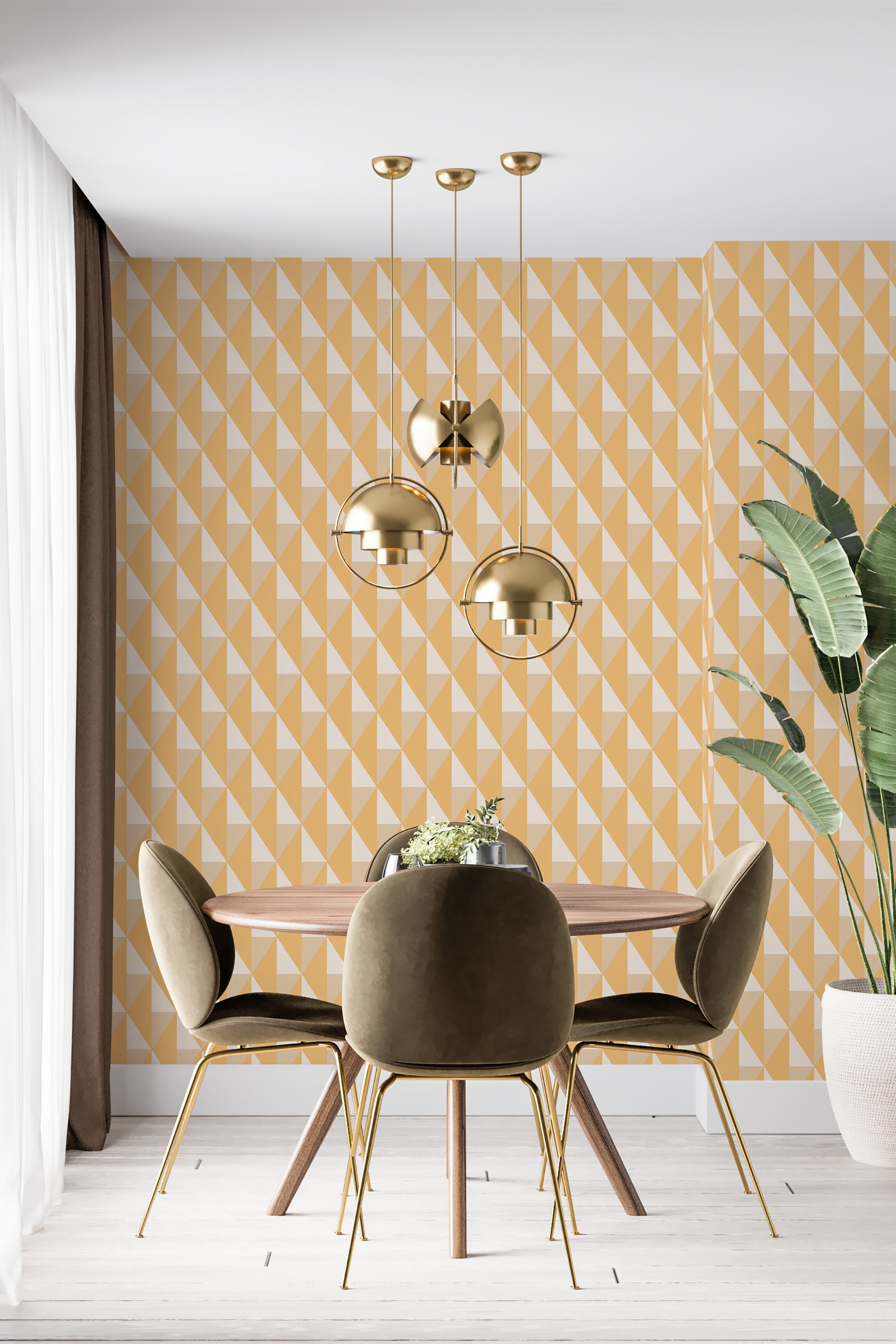 Orange geometric wallpaper with a pattern of repeating triangles and diamonds in shades of orange and white, creating a modern yet retro vibe in a dining area with a leafy plant. Traditional wallpaper.