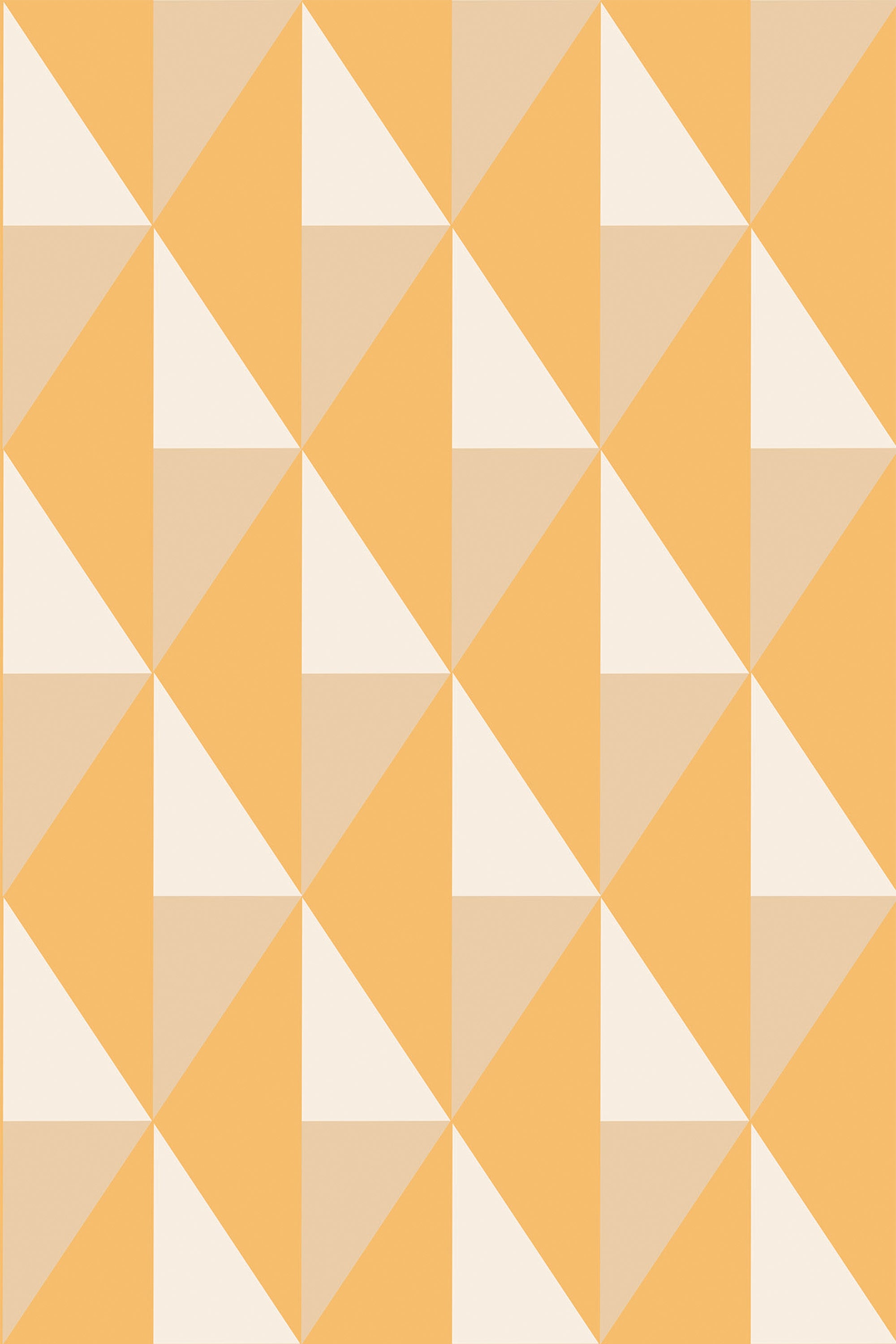Orange geometric pattern with alternating triangles and squares in shades of orange, beige, and cream. Peel and stick removable wallpaper.