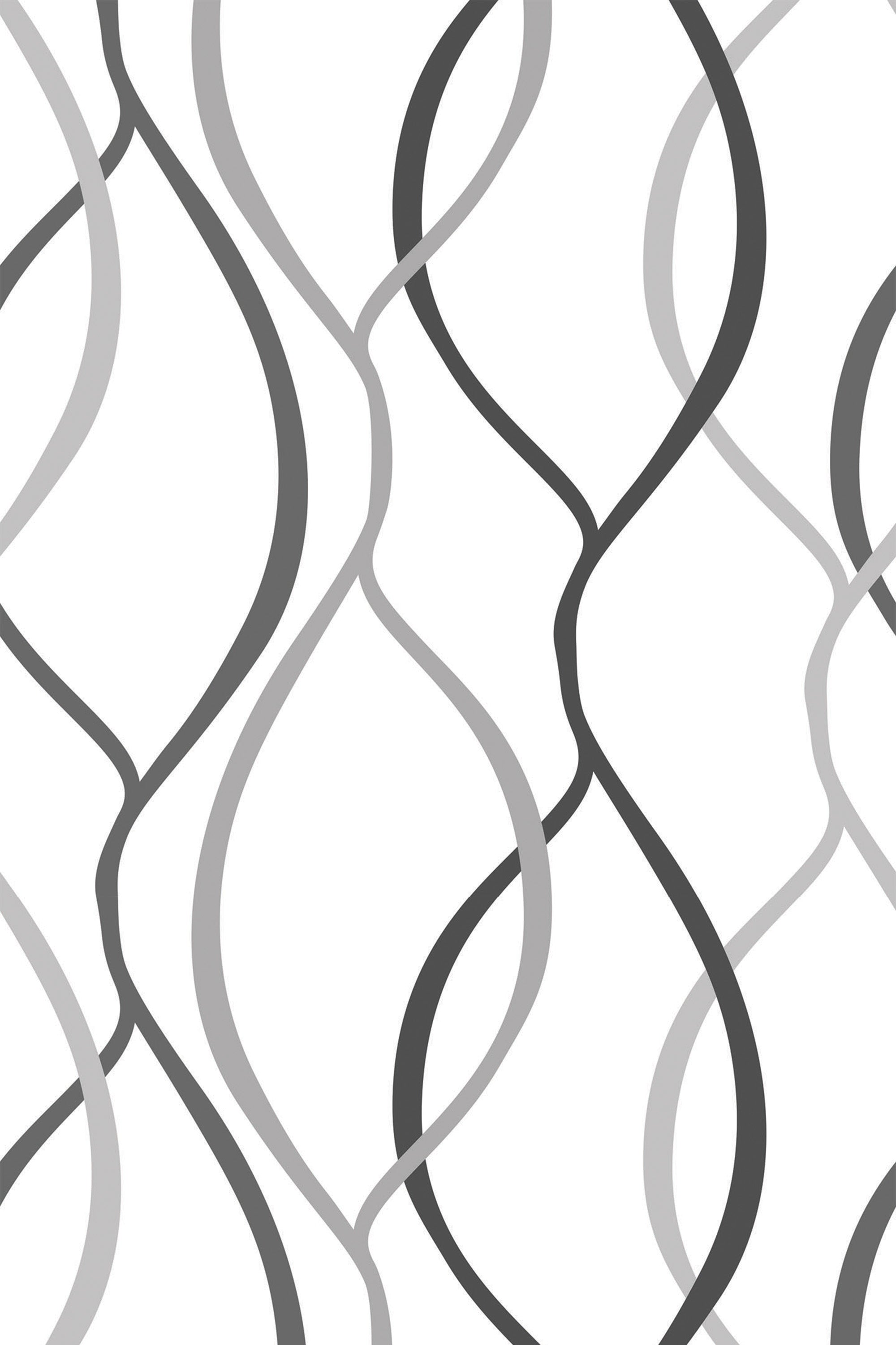 Interlocking curvy lines in shades of black, gray, and light gray on a white background. Peel and stick removable wallpaper.