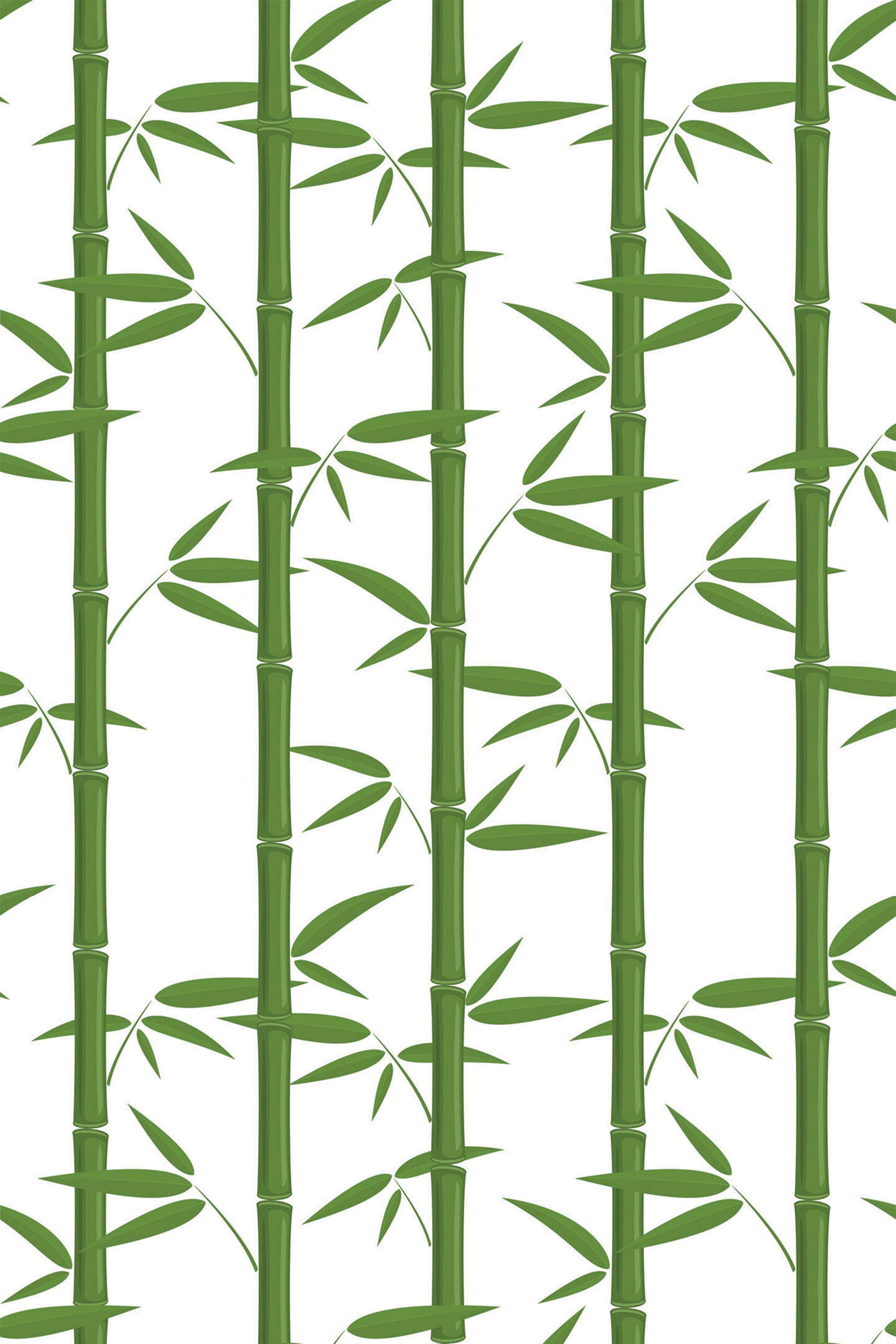 Green bamboo stalks with scattered leaves on a white background. The pattern repeats vertically, creating a natural and soothing design. Peel and stick removable wallpaper.