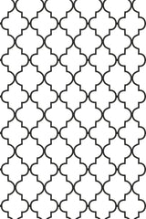 Black and white geometric trellis pattern with interlocking shapes that create a classic, minimalist look. Peel and stick removable wallpaper.