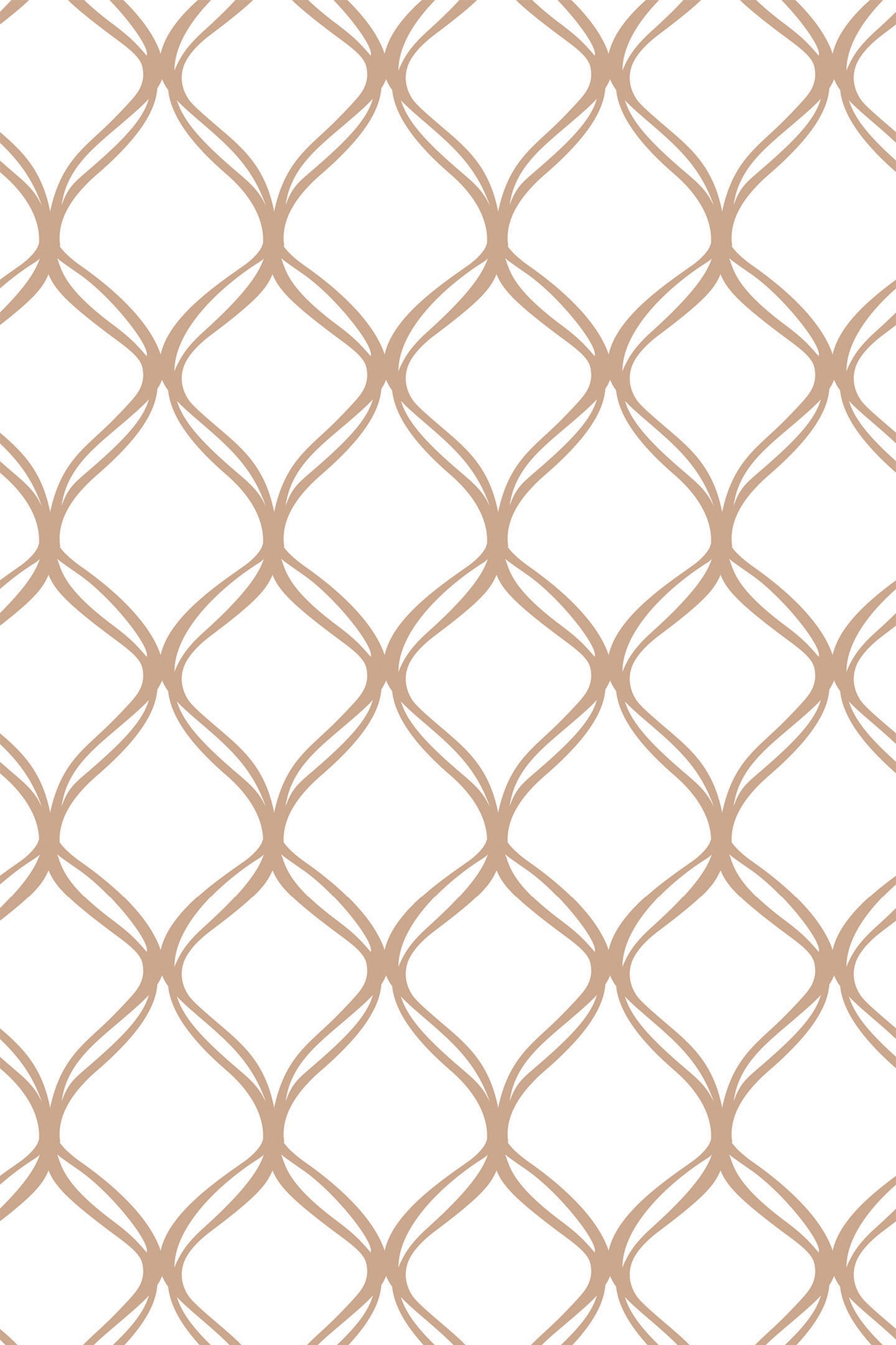 A seamless pattern with interlocking curved lines forming a lattice design on a white background in a beige tone. Peel and stick removable wallpaper.