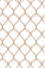 A seamless pattern with interlocking curved lines forming a lattice design on a white background in a beige tone. Peel and stick removable wallpaper.