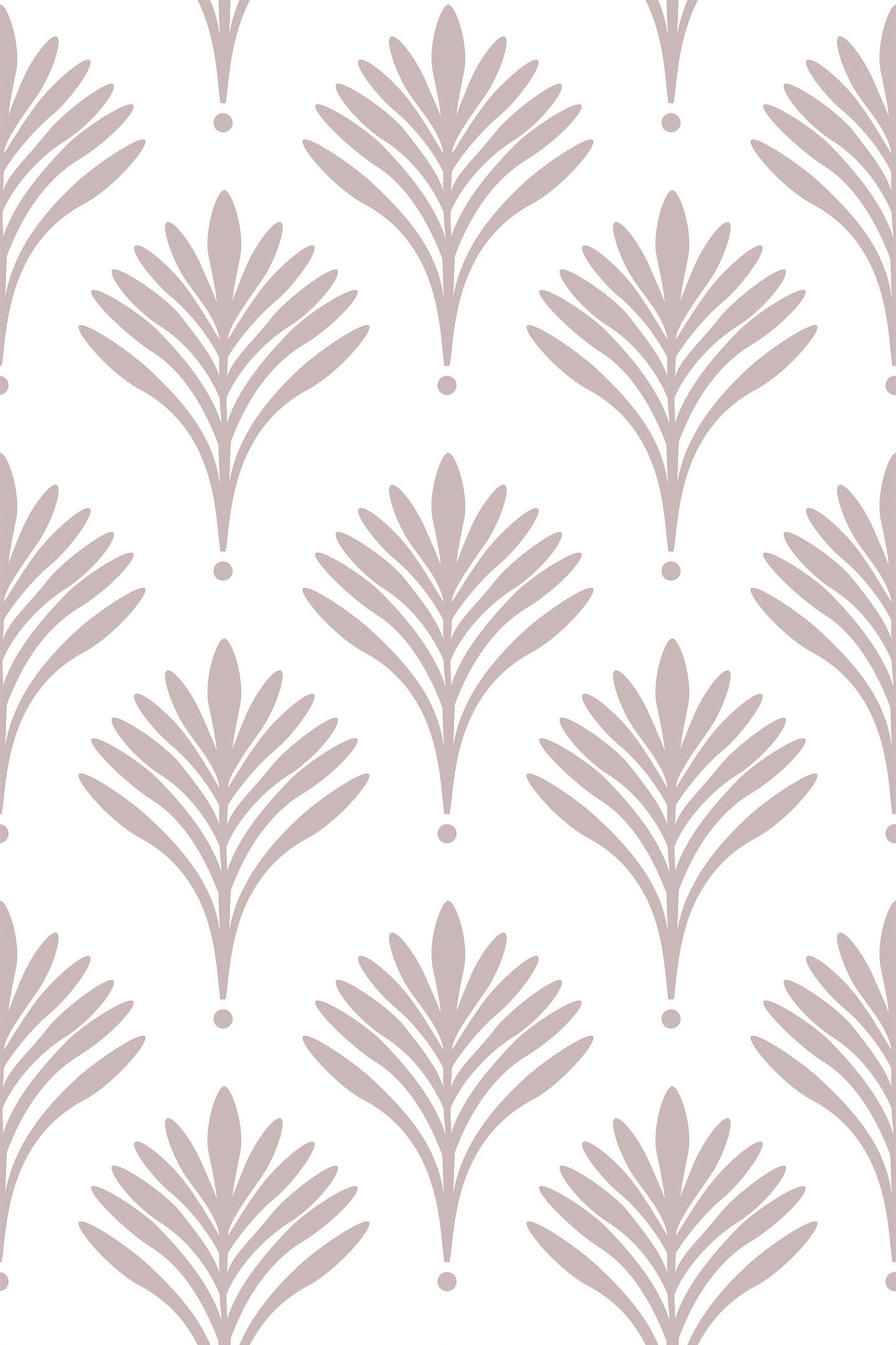 A repeating Art Deco pattern with stylized fan-like motifs in soft beige on a white background. Peel and stick removable wallpaper.