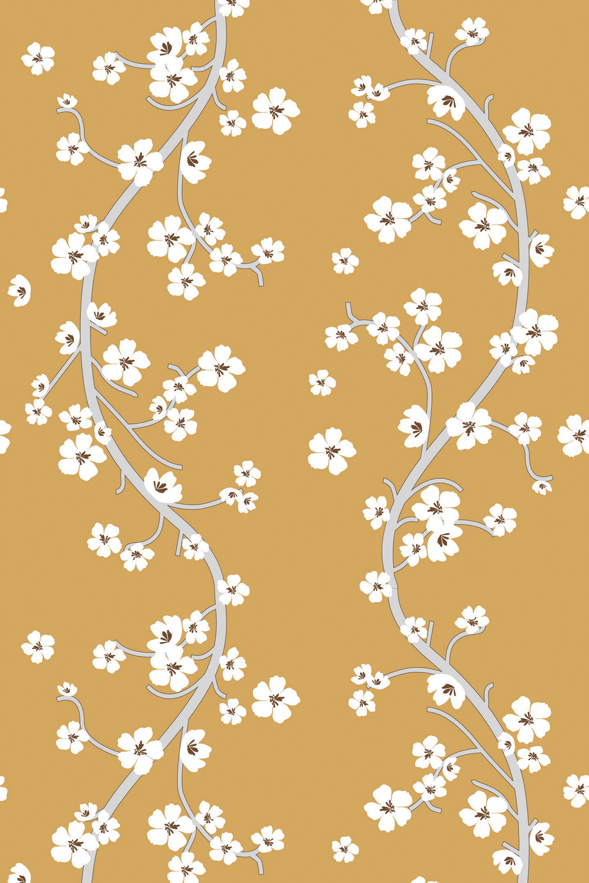 Floral design with white cherry blossoms on twisting gray branches set against a warm mustard background, creating an elegant, nature-inspired pattern. Peel and stick removable wallpaper.