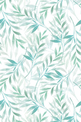 A seamless pattern of delicate, overlapping green and teal watercolor leaves on a white background. The leaves vary slightly in shade and transparency, creating a soft, layered effect. Peel and stick removable wallpaper.