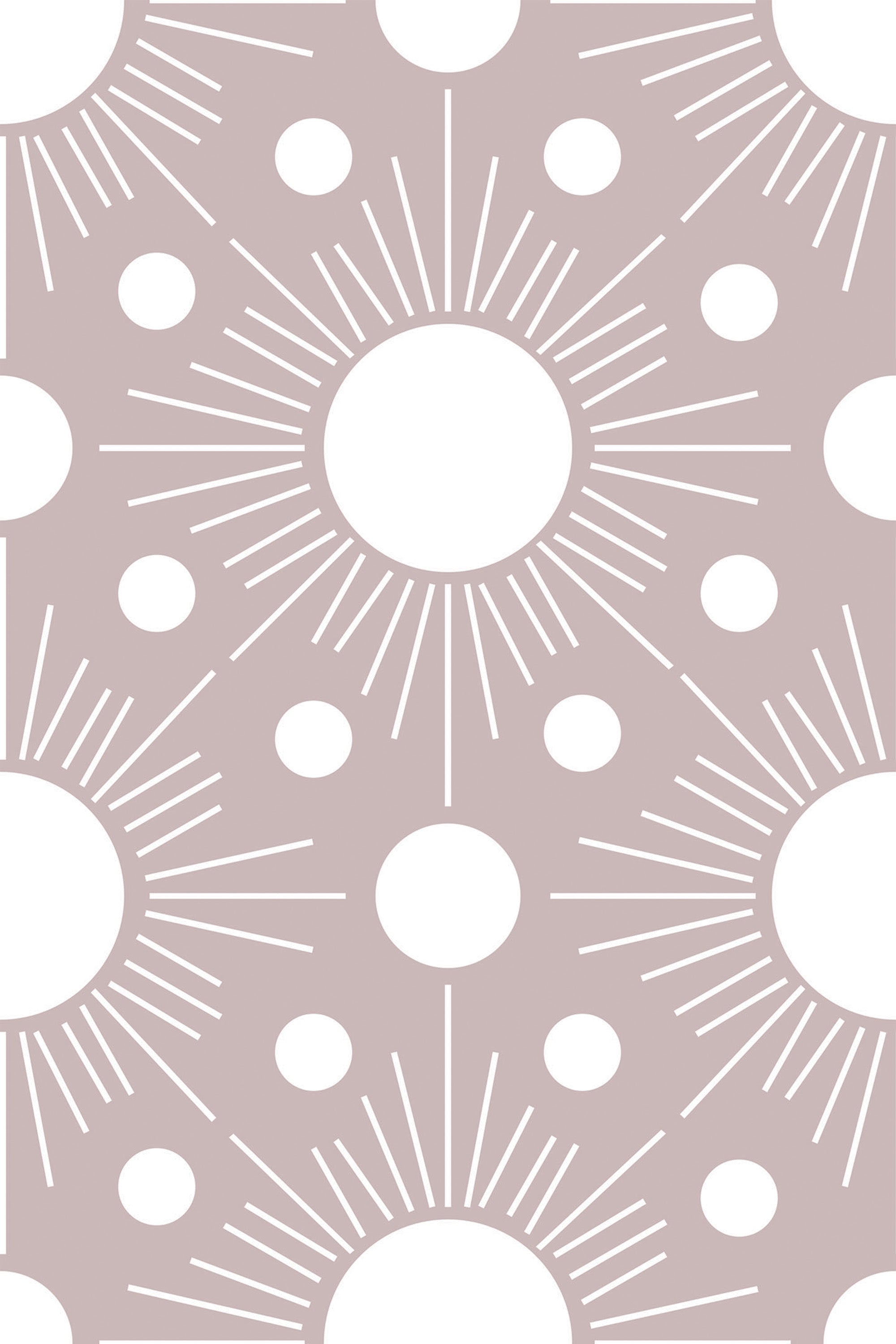 A repeating wallpaper with a minimalist Boho sun design, featuring white circular suns surrounded by radiating lines and smaller dots on a soft taupe background. Peel and stick removable wallpaper.