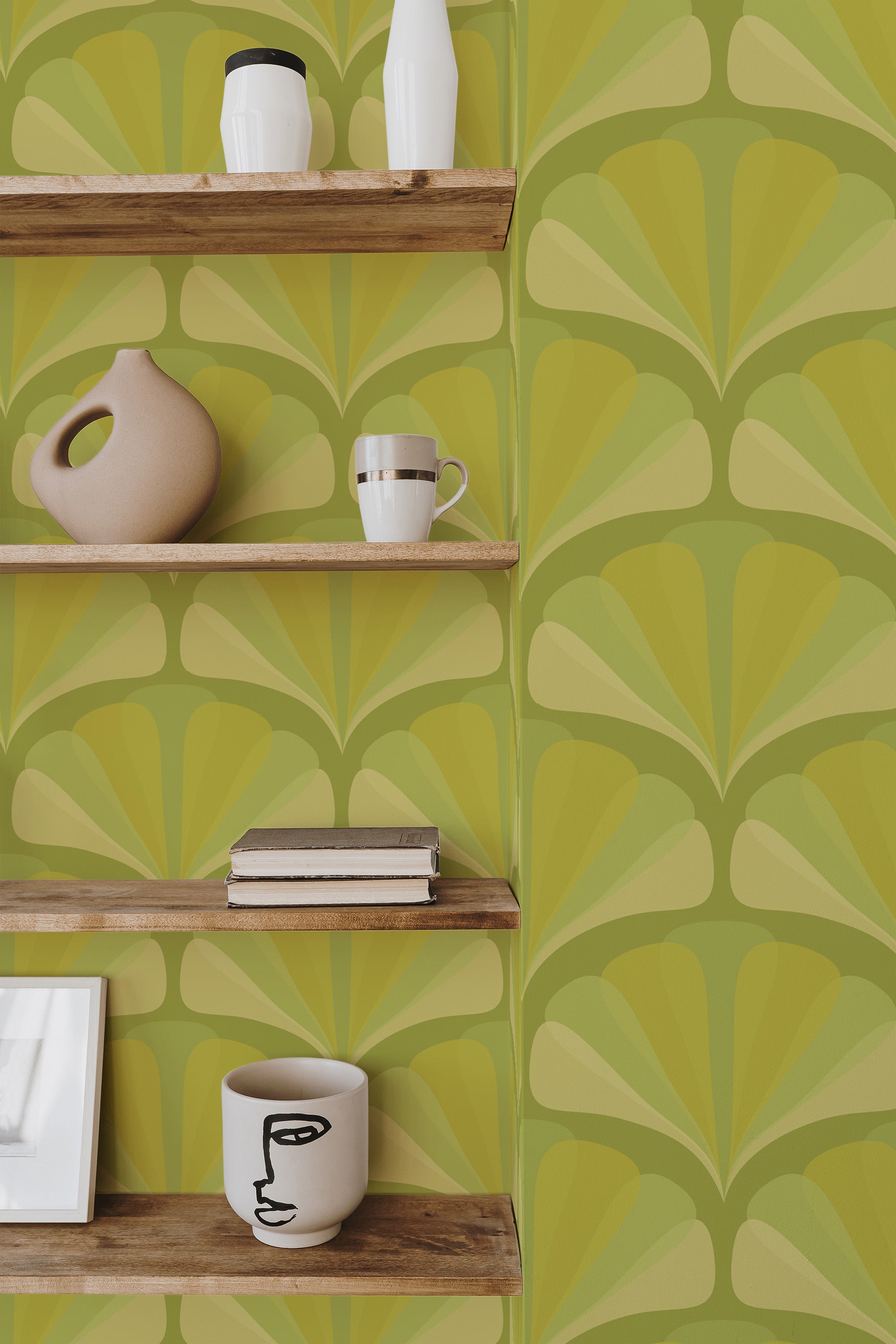 Self-adhesive wallpaper with a green arch design featuring a repetitive pattern of stylized, arch-like shapes in varied shades of green, creating a retro-modern aesthetic.
