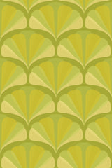 Green arch wallpaper with a repeating pattern of symmetrical, fan-shaped arches in various shades of green and yellow. Peel and stick removable wallpaper.