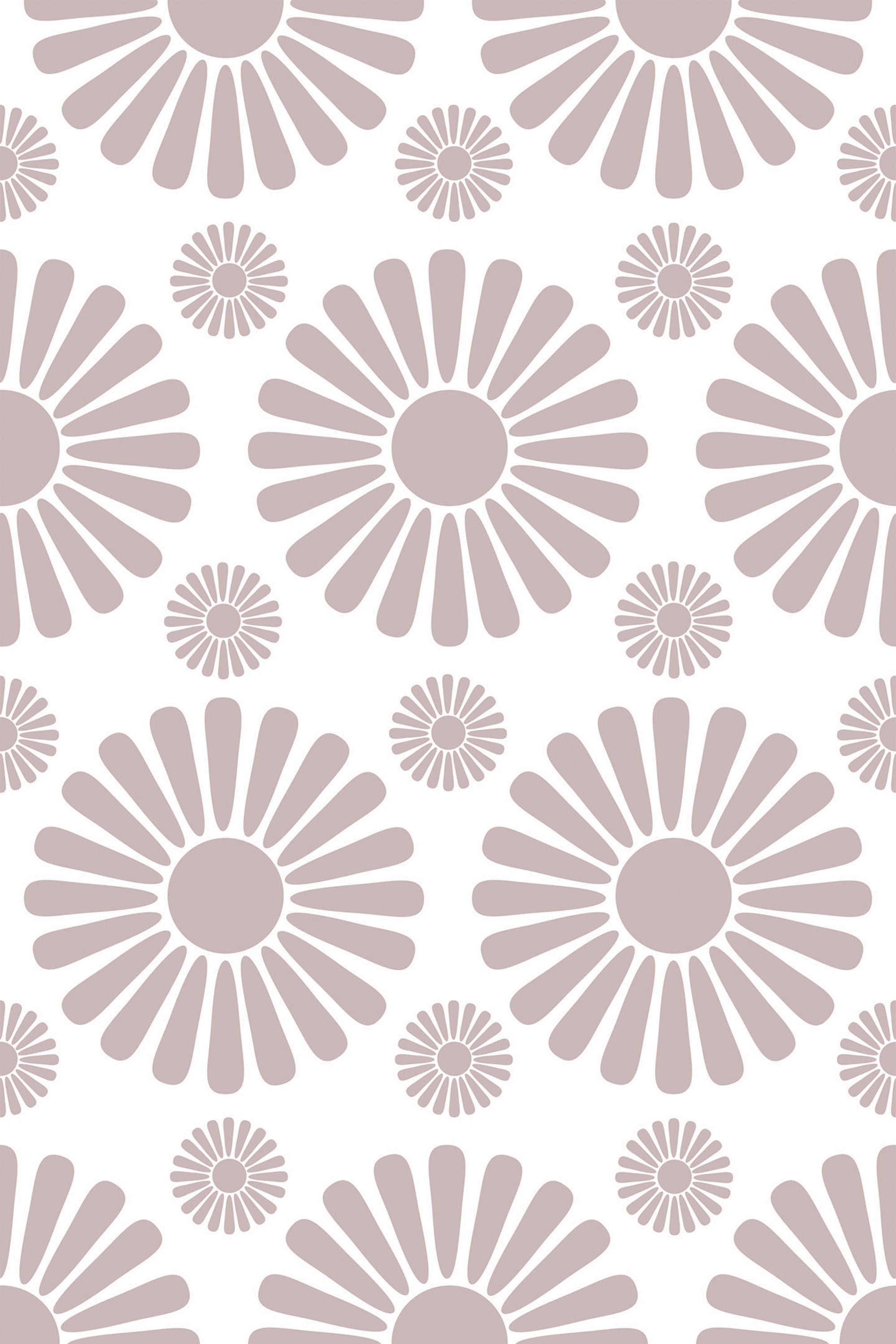 Taupe-colored floral pattern wallpaper with large and small circular flower designs on a white background. Peel and stick removable wallpaper.
