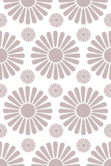 Taupe-colored floral pattern wallpaper with large and small circular flower designs on a white background. Peel and stick removable wallpaper.