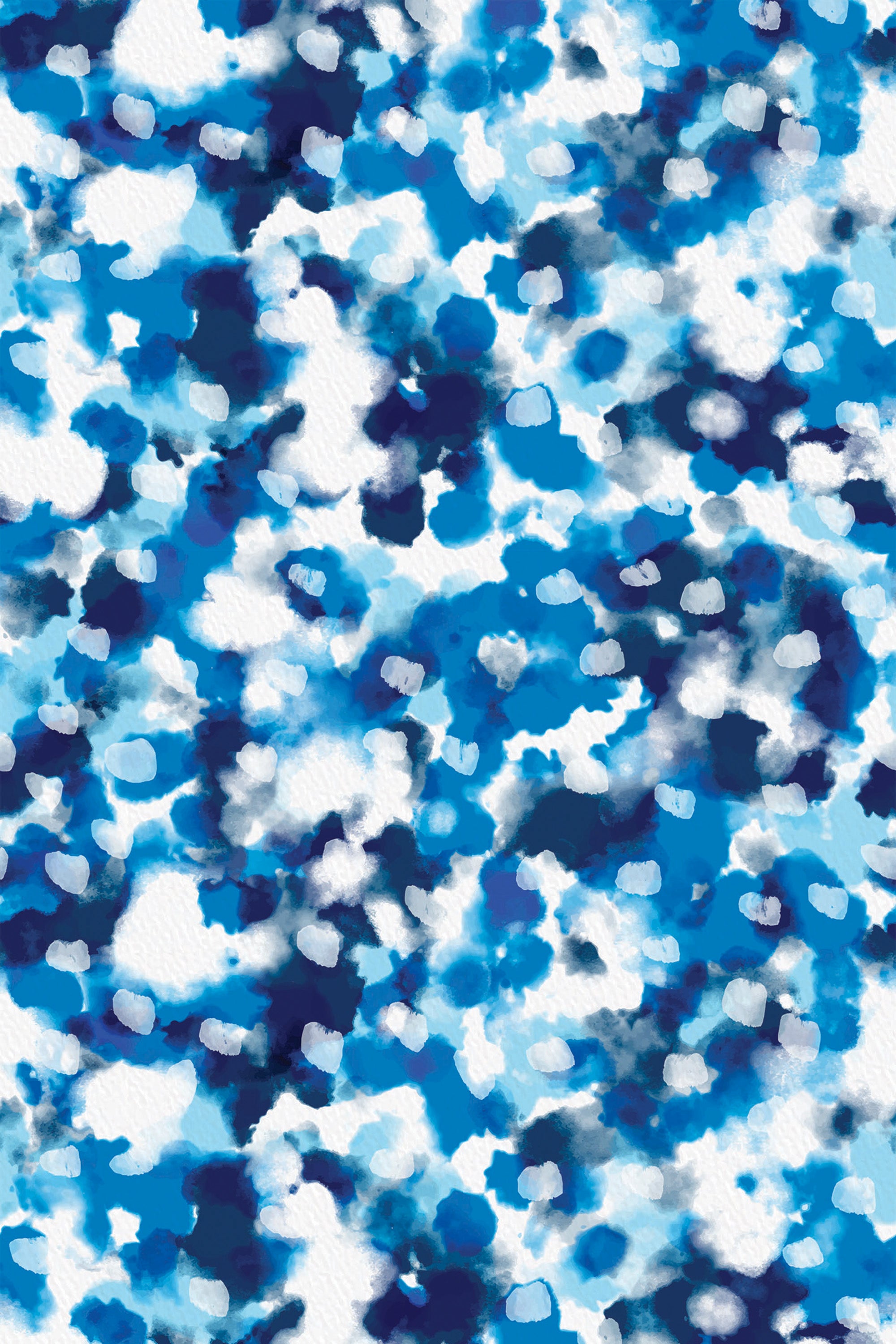 A vibrant, abstract watercolor design with splashes of blue, navy, and white. The colors blend seamlessly, creating a dynamic and artistic pattern. Peel and stick removable wallpaper.