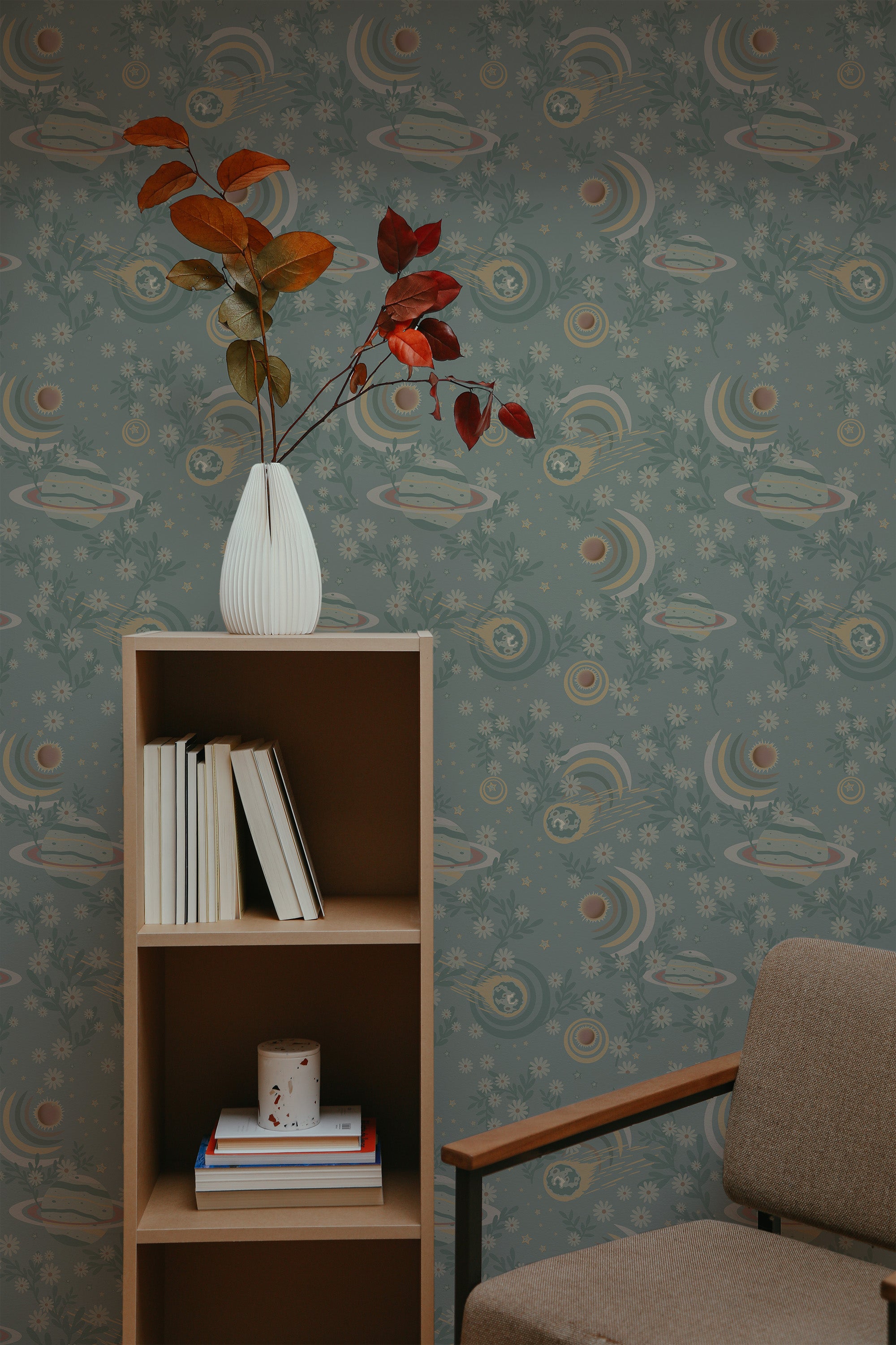 Self-adhesive wallpaper with a vintage space theme, incorporating retro-style rockets, stars, and planets in muted tones of blue, green, and beige.