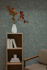 Self-adhesive wallpaper with a vintage space theme, incorporating retro-style rockets, stars, and planets in muted tones of blue, green, and beige.