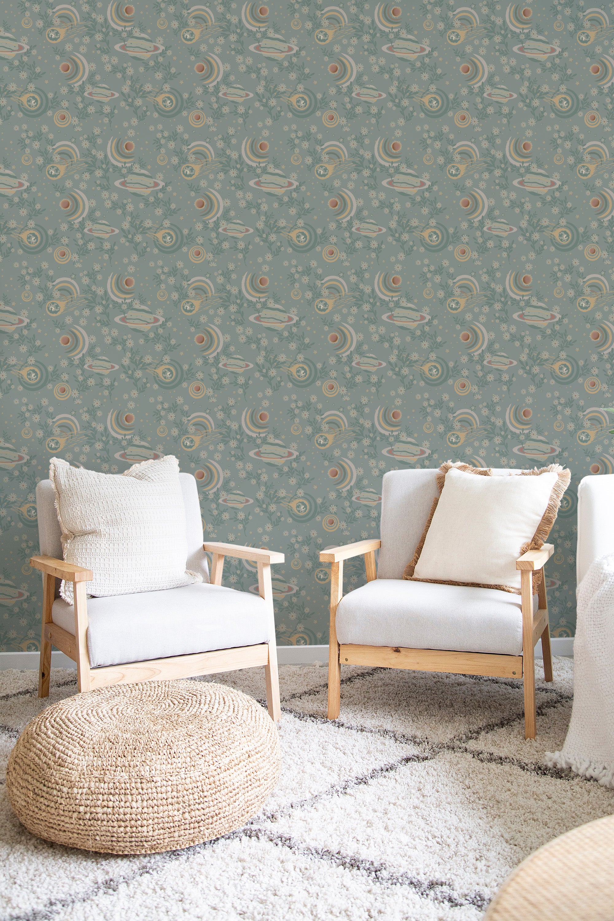 Vintage space-themed wallpaper with retro rockets, planets, and stars in muted colors, creating a classic and traditional wallpaper.