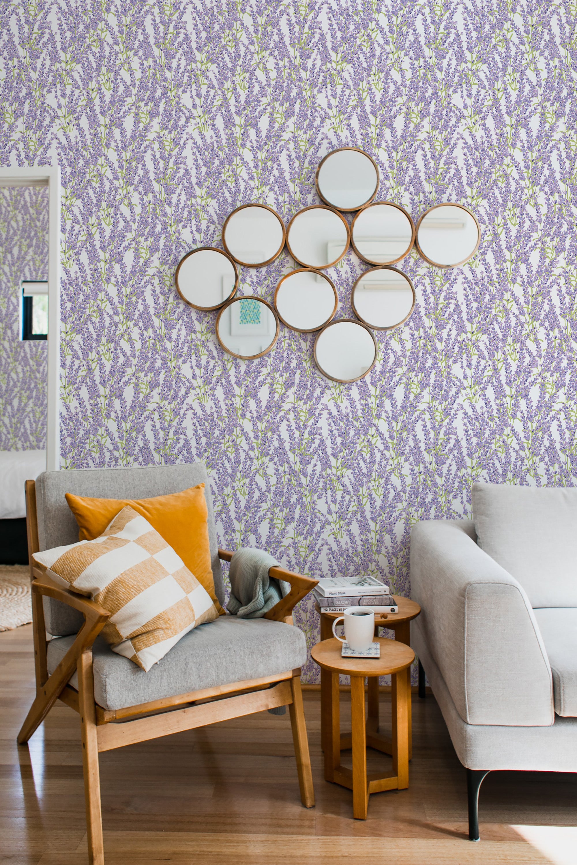 A lavender-colored wallpaper with a delicate floral pattern of lavender sprigs intertwined with green leaves, creating an inviting and soothing ambiance in the room, traditional wallpaper.